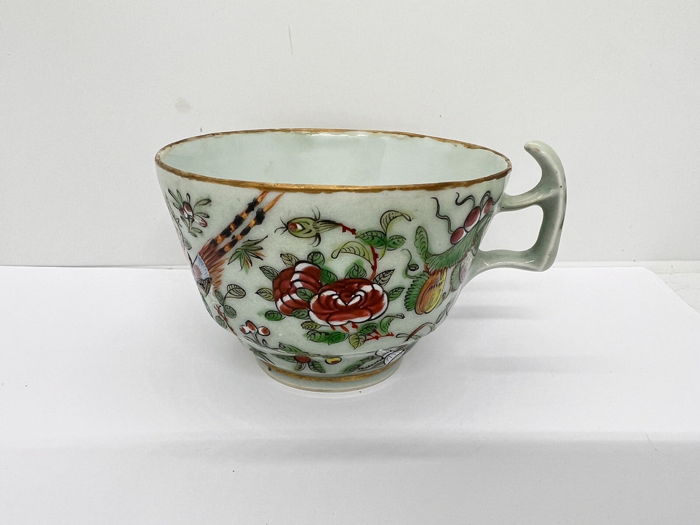 19C Chinese Celadon Famille Rose Pheasant Fruit Flower Butterfly ￼Tea Cup Canton