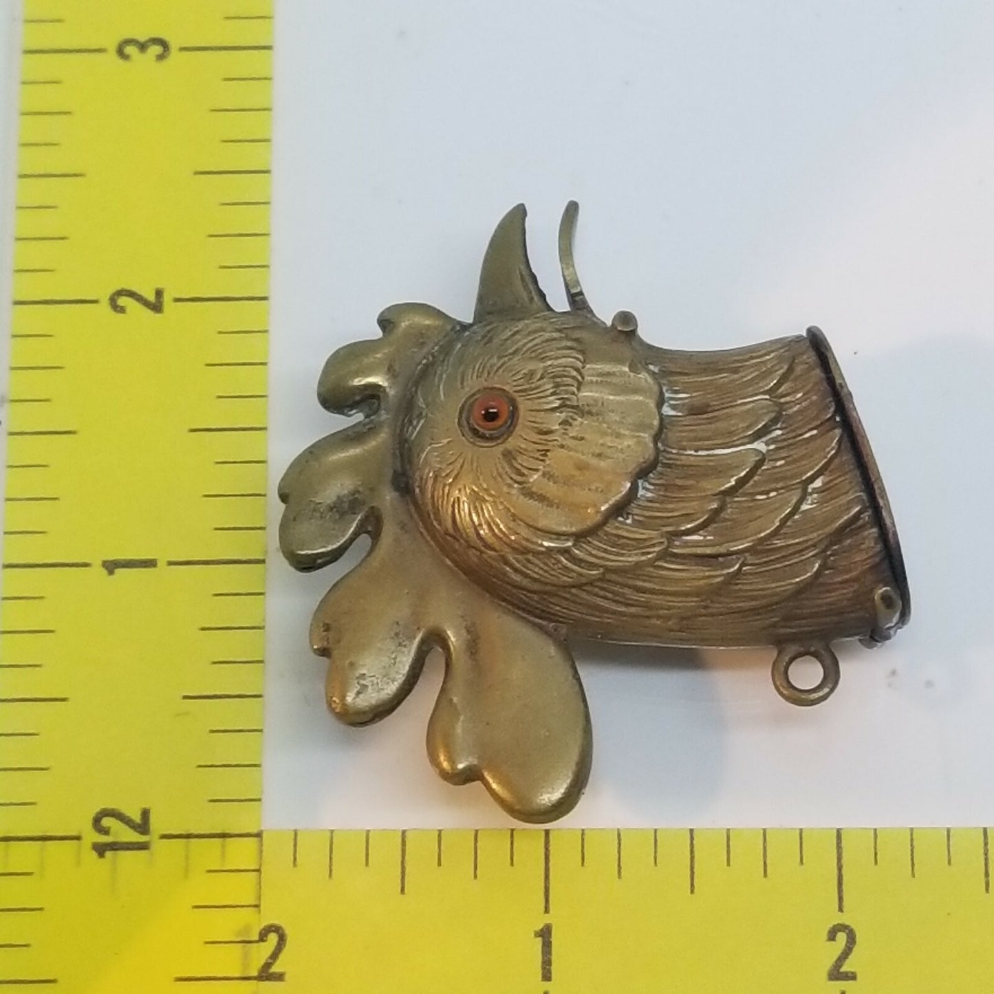 Antique Brass Pop Open Rooster Head Match Safe Vesta Case Box Original Glas Eyes