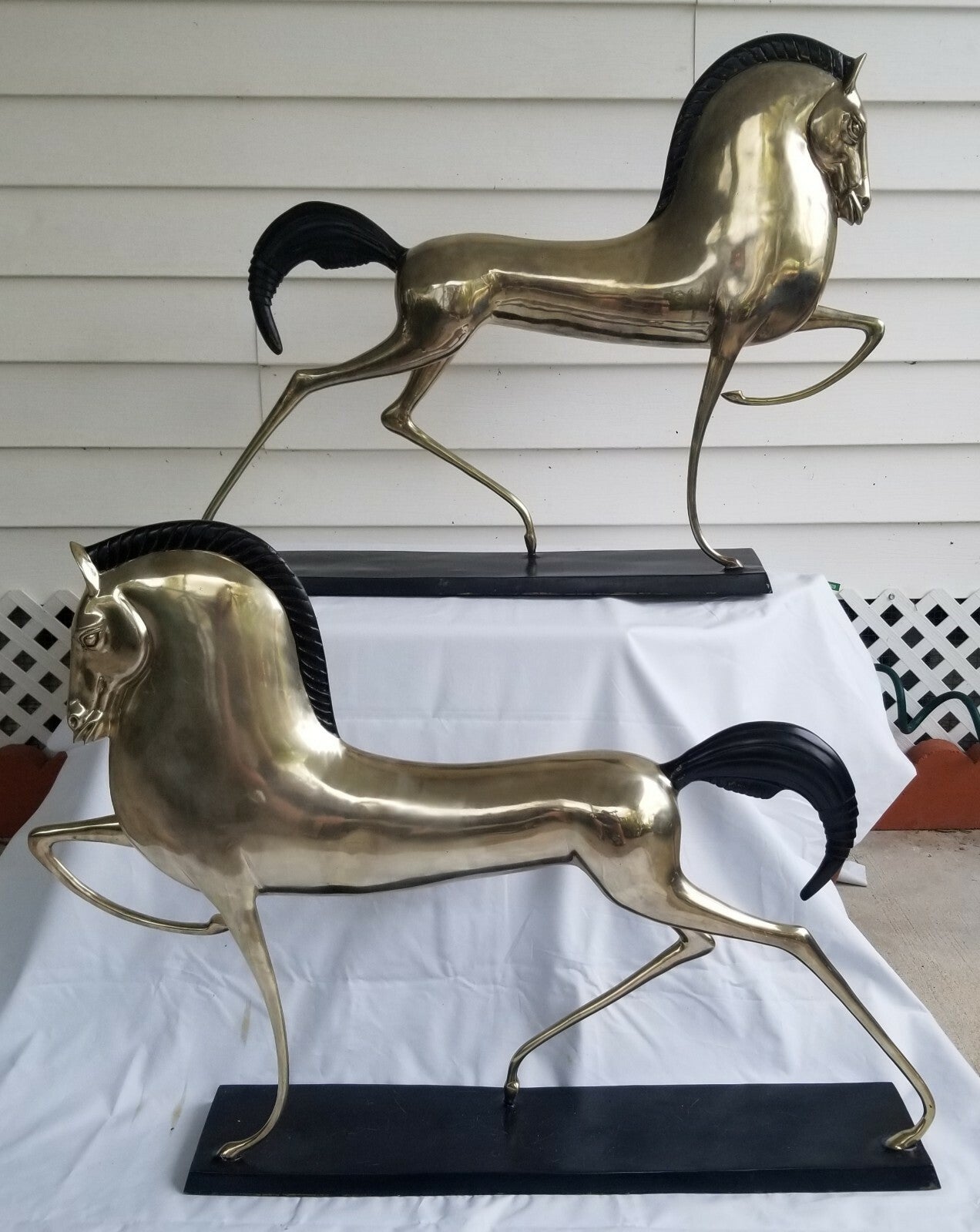 2 - 37" MCM Etruscan Silvered Brass Horse(s) Sculptures in Lovet-Lorski Style