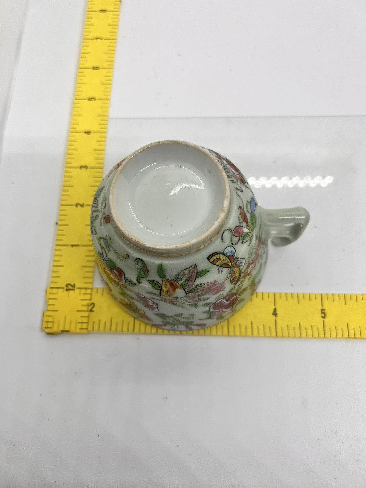 19C Chinese Celadon Famille Rose Pheasant Fruit Flower Butterfly ￼Tea Cup Canton