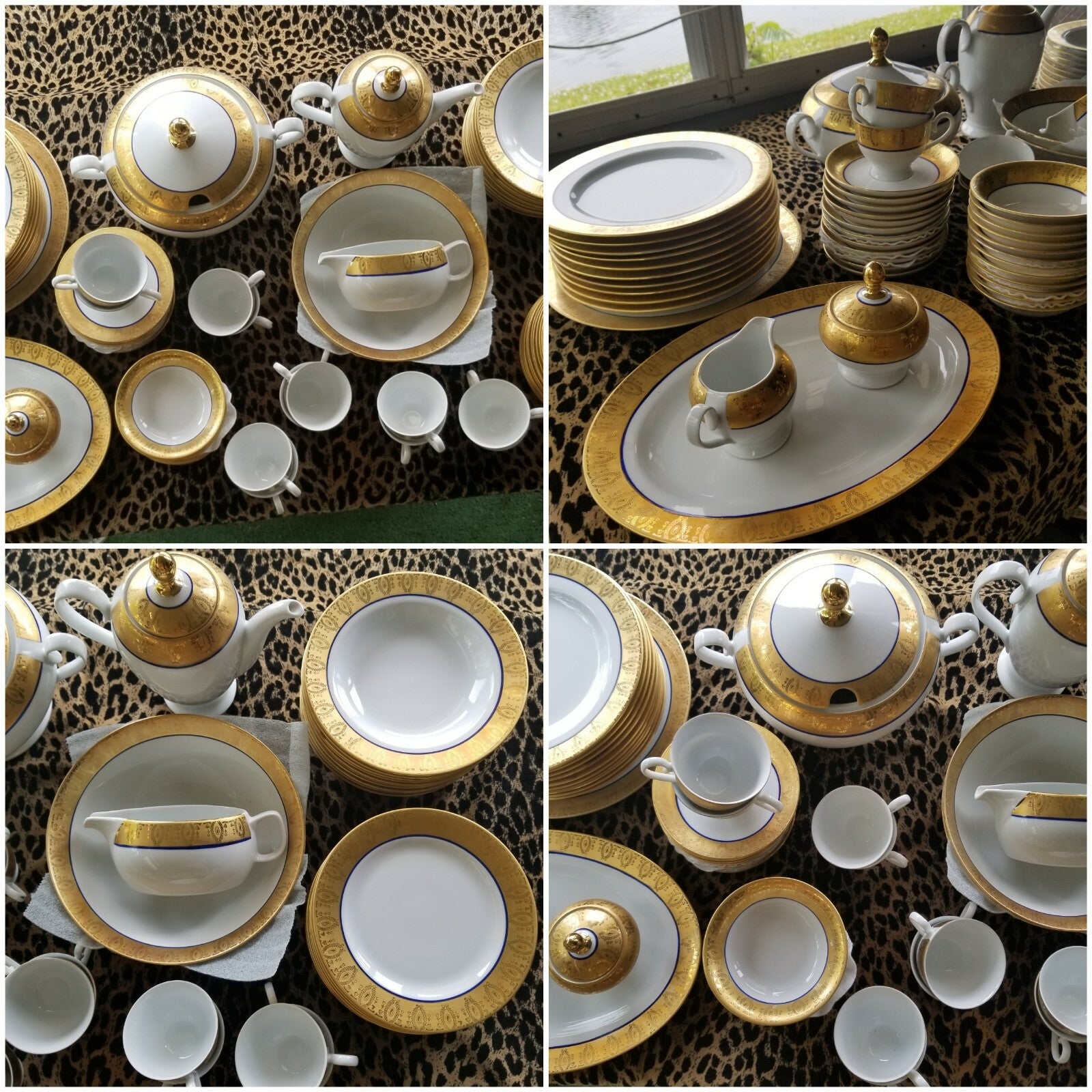 81pc Set Gold Encrusted Cobalt Blue & White Soup Tureen Serving Platters Teapot