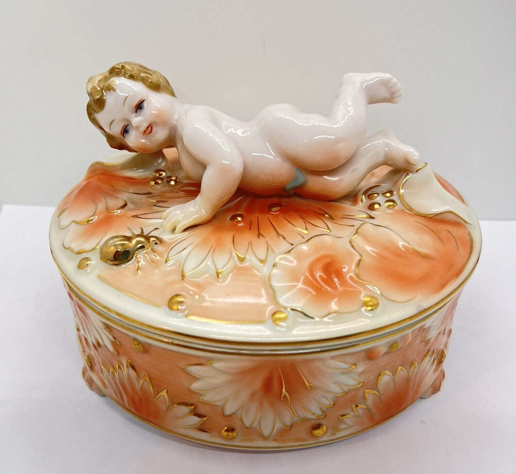 Antique Cherub Lg 6” Peach Gold Encrusted Jewelry Casket Powder Vanity Candy Box