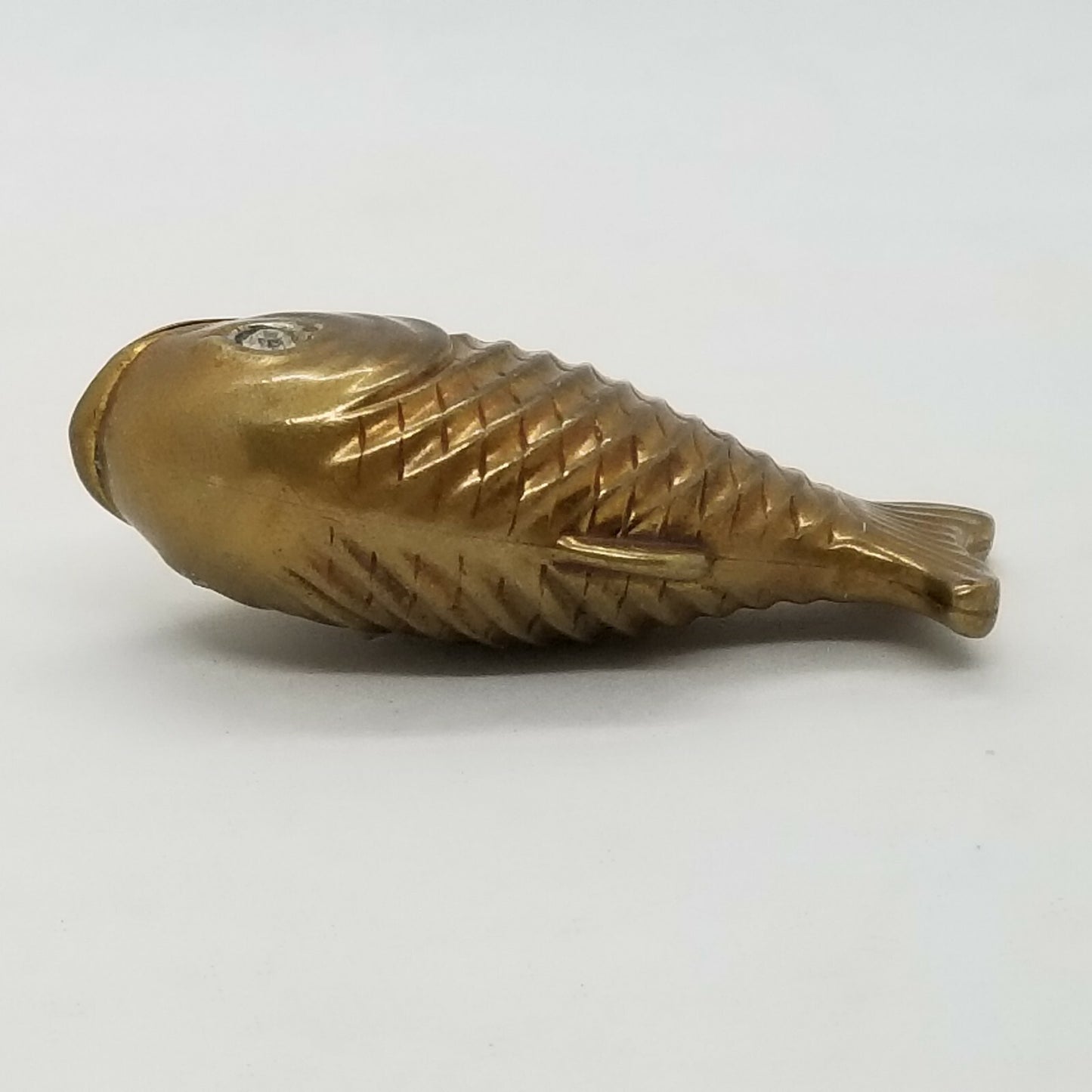 Antique Brass Figural Fish Match Safe Vesta Case Glass Eyes Mechanical