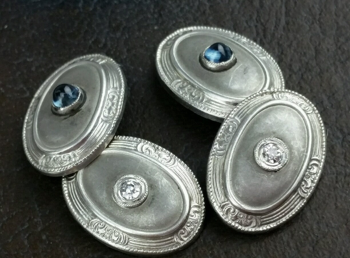 1920's Art Deco Night & Day Solid 14k Gold Mine Cut Diamond & Sapphire Cufflinks