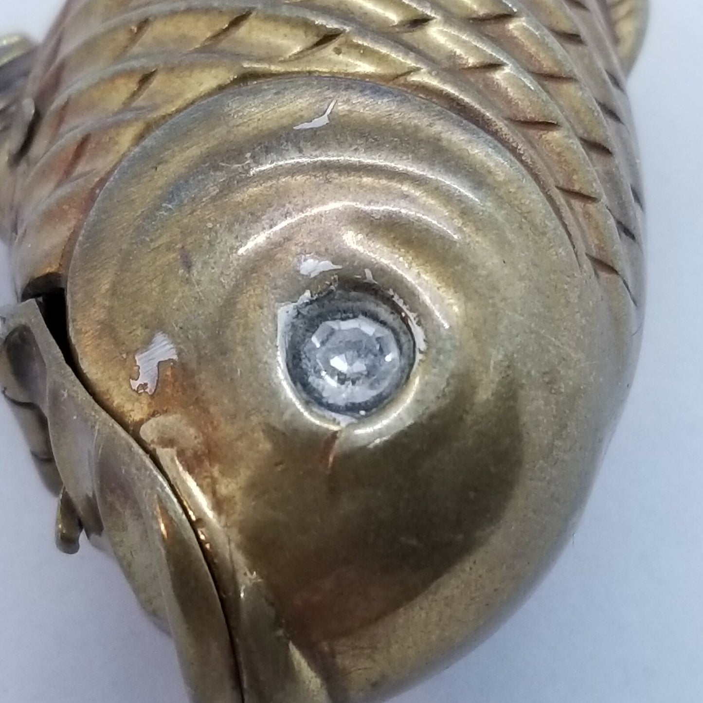 Antique Brass Figural Fish Match Safe Vesta Case Glass Eyes Mechanical