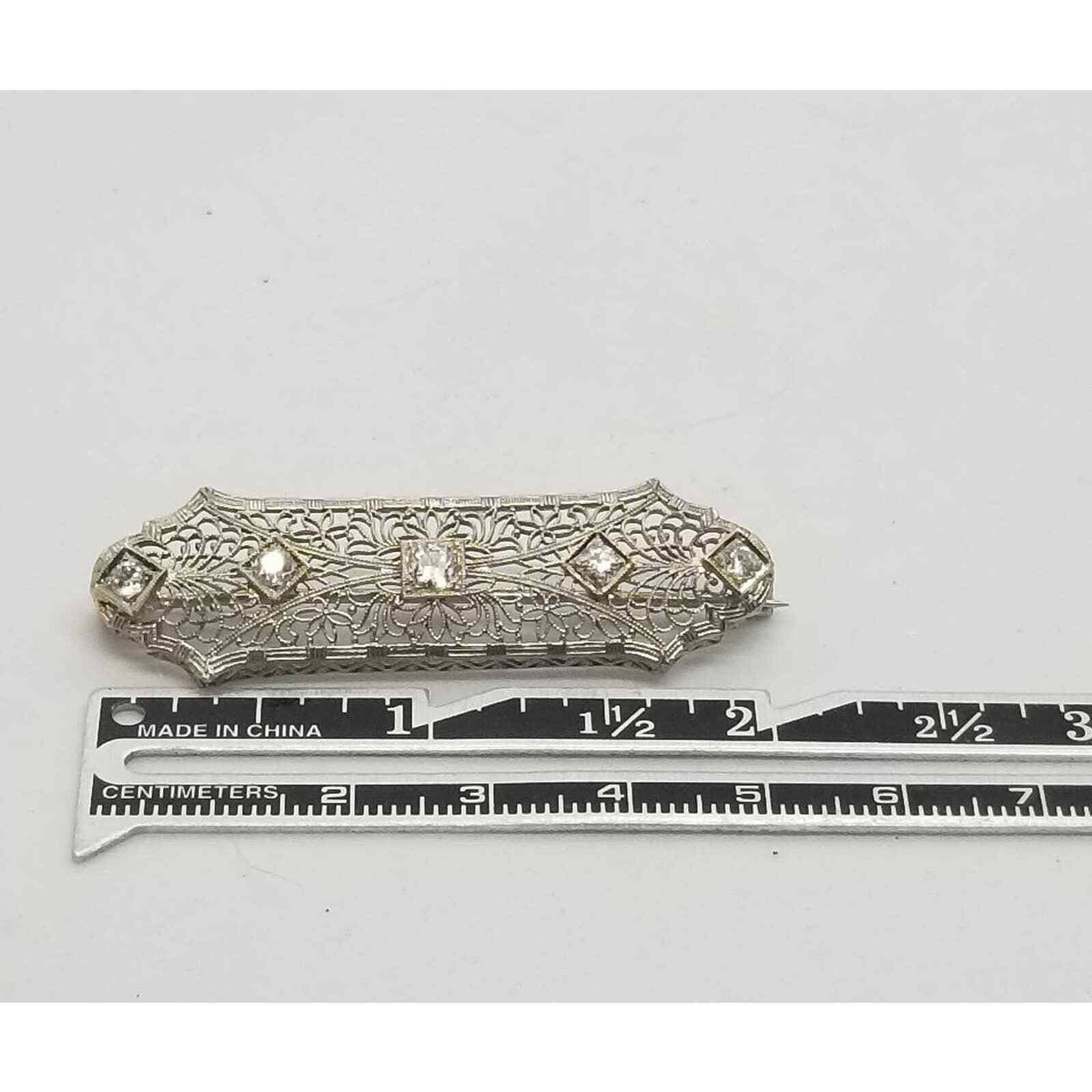 Antique Art Deco Diamond 14k Solid Gold & Platinum Filigree Bar Brooch Pin 4.5g