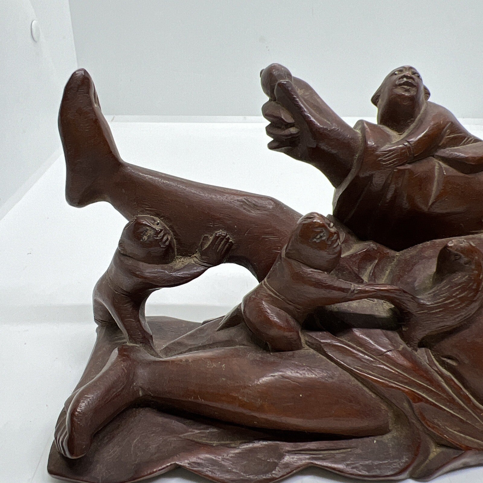 Antique Chinese Carved Boxwood Reclining Hotei Happy Buddha Wood No Base