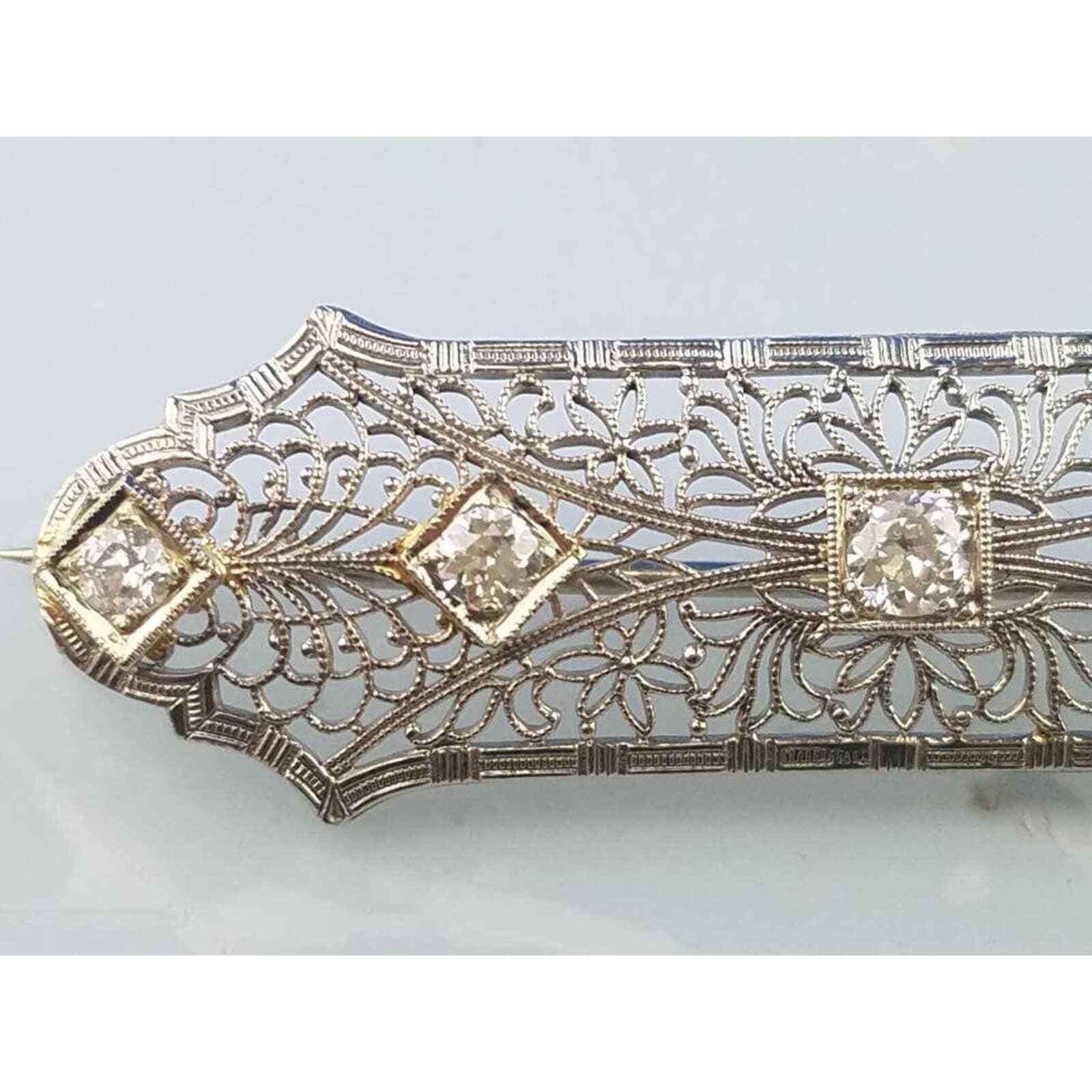 Antique Art Deco Diamond 14k Solid Gold & Platinum Filigree Bar Brooch Pin 4.5g