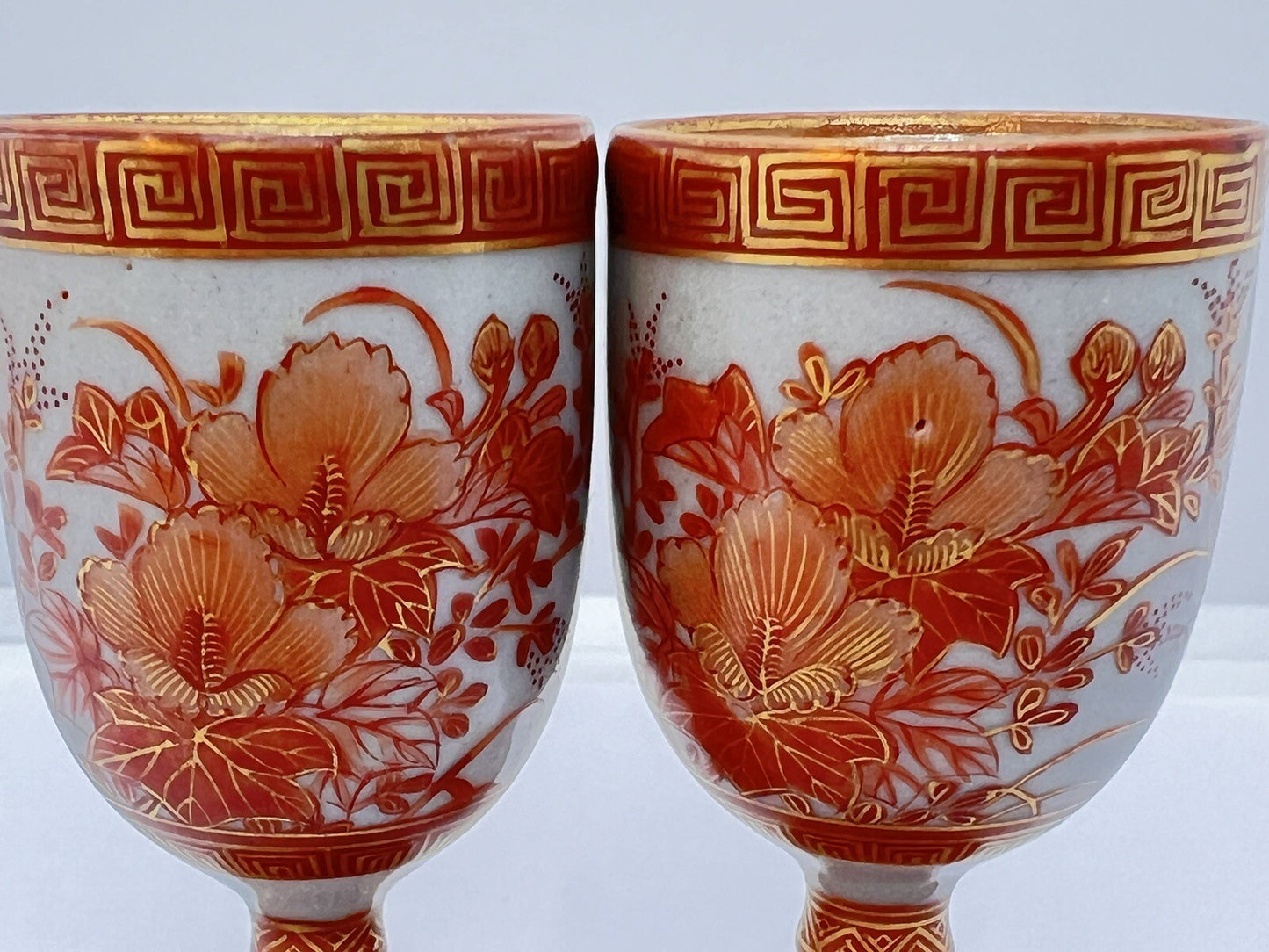 2 Antique Japanese Kutani Porcelain Footed Sake Cup Meiji Signed