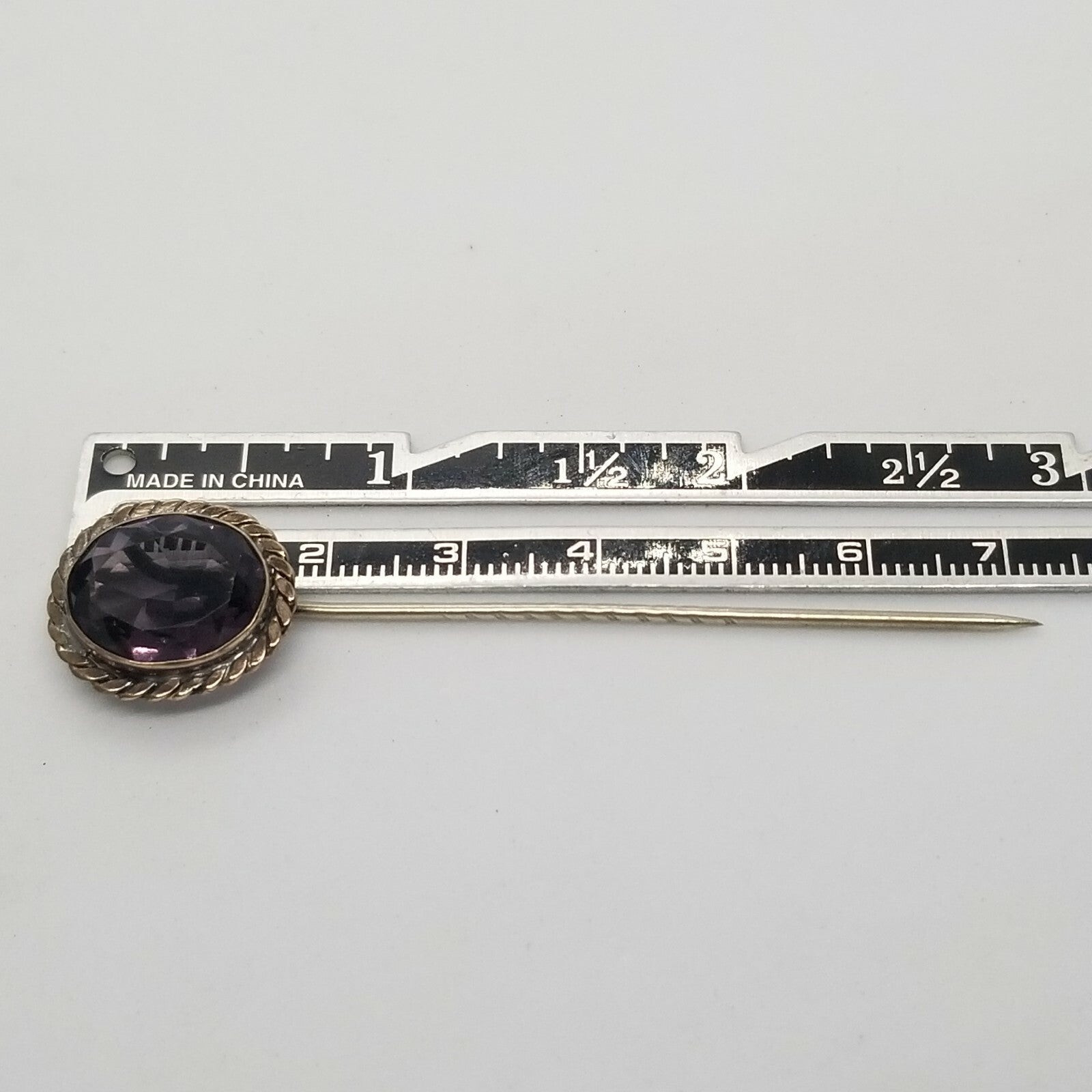 ANTIQUE Victorian 10K White Gold Bezel Set Large Amethyst Stick Hat Pin Vintage