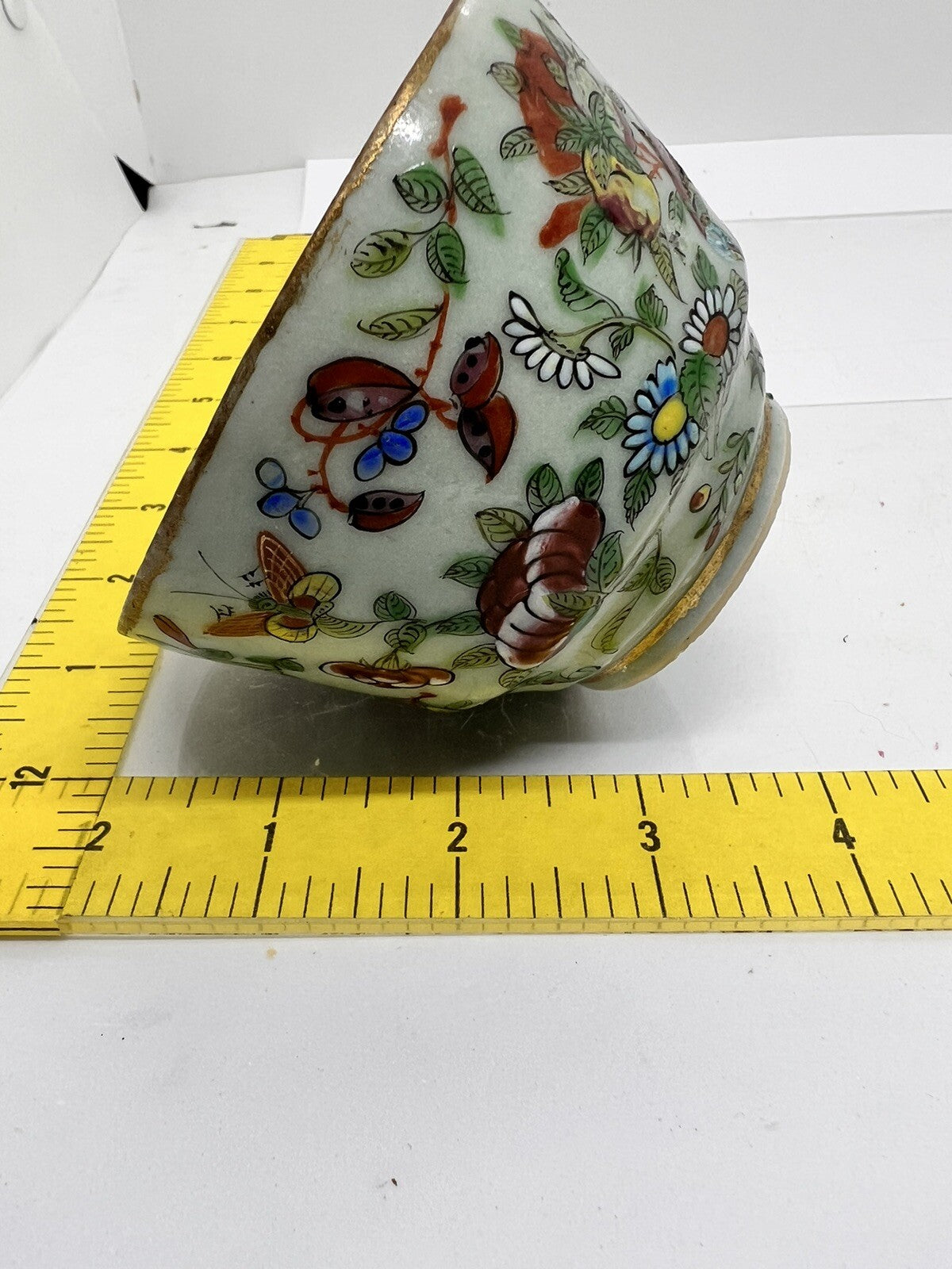 19C Chinese Celadon Famille Rose Pheasant Fruit Flower Butterfly ￼Tea Cup Canton