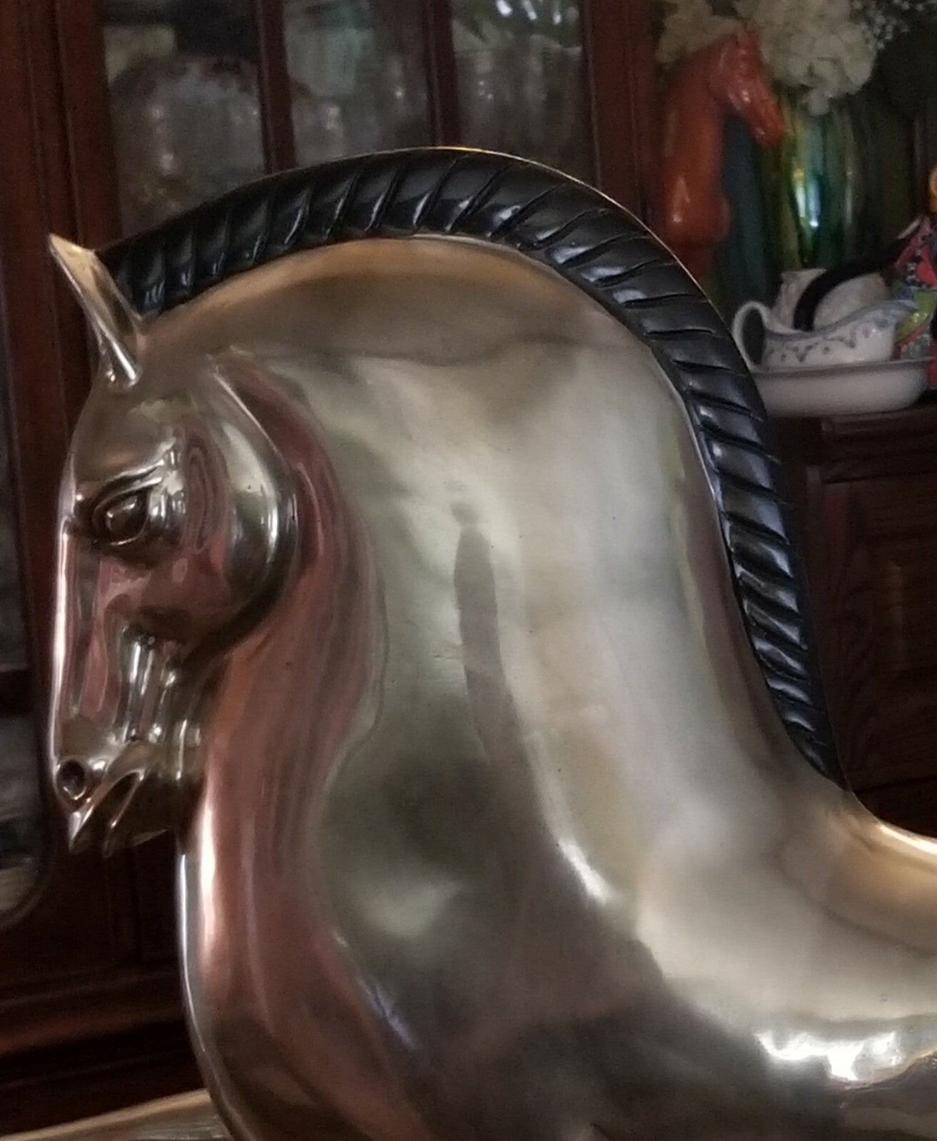 2 - 37" MCM Etruscan Silvered Brass Horse(s) Sculptures in Lovet-Lorski Style
