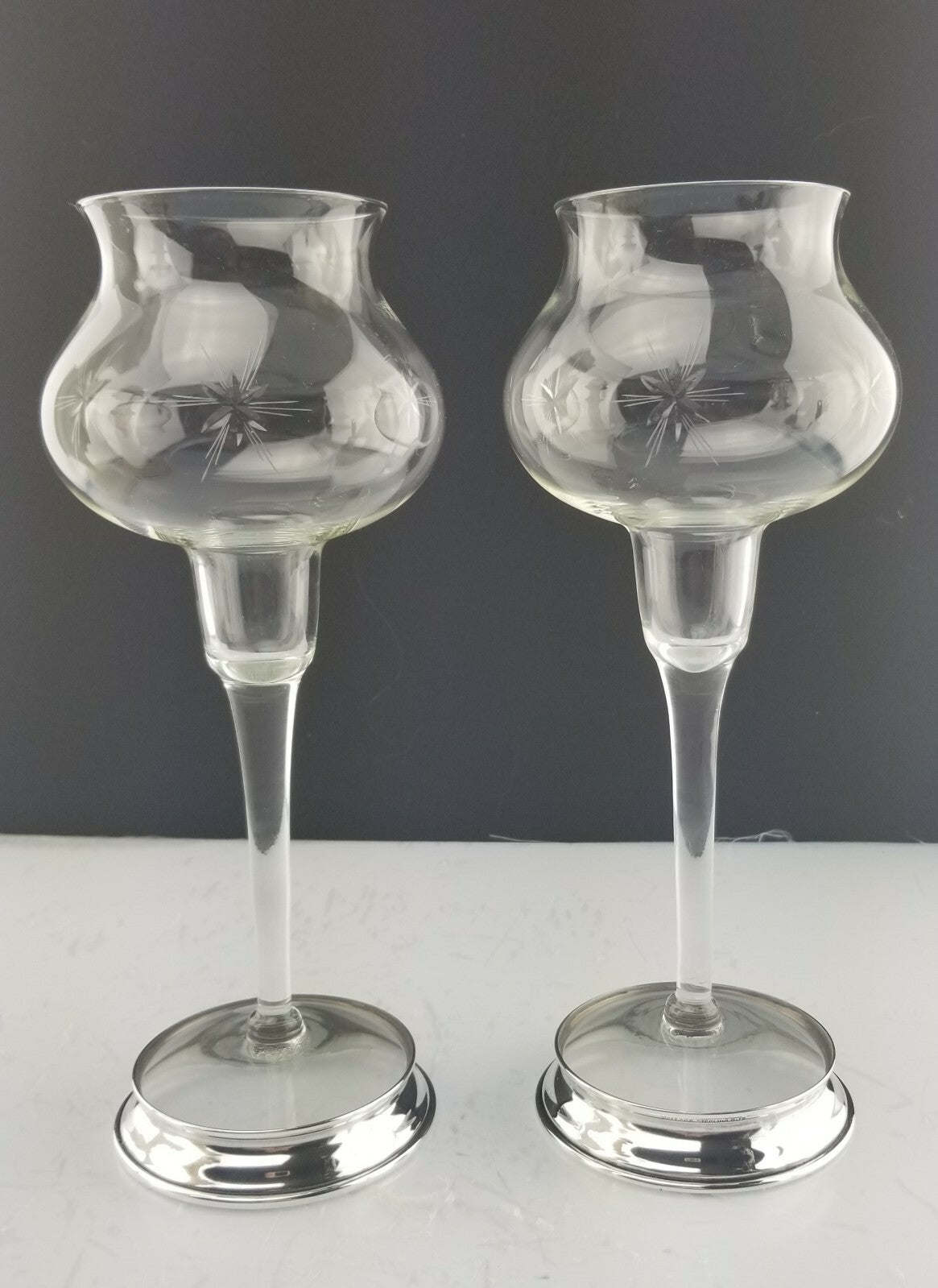 10" Pair Vintage Wallace Bulbous Cut Crystal Sterling Silver Candle Holders