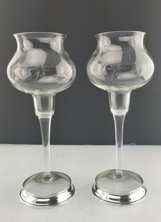 10" Pair Vintage Wallace Bulbous Cut Crystal Sterling Silver Candle Holders