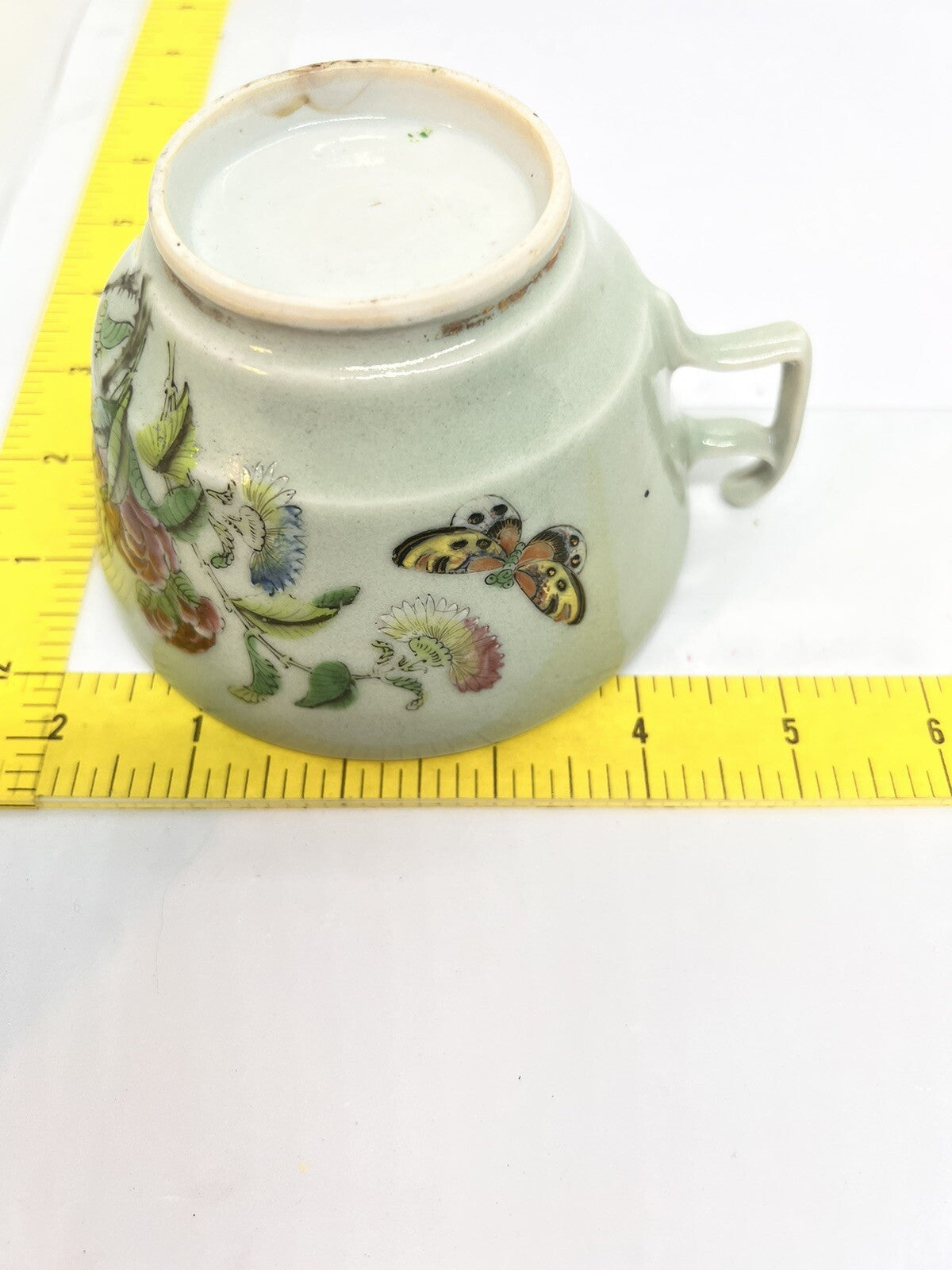 19C Lg Chinese Celadon Famille Rose Cherry Blossom Brd Butterfly ￼Tea Cup Canton