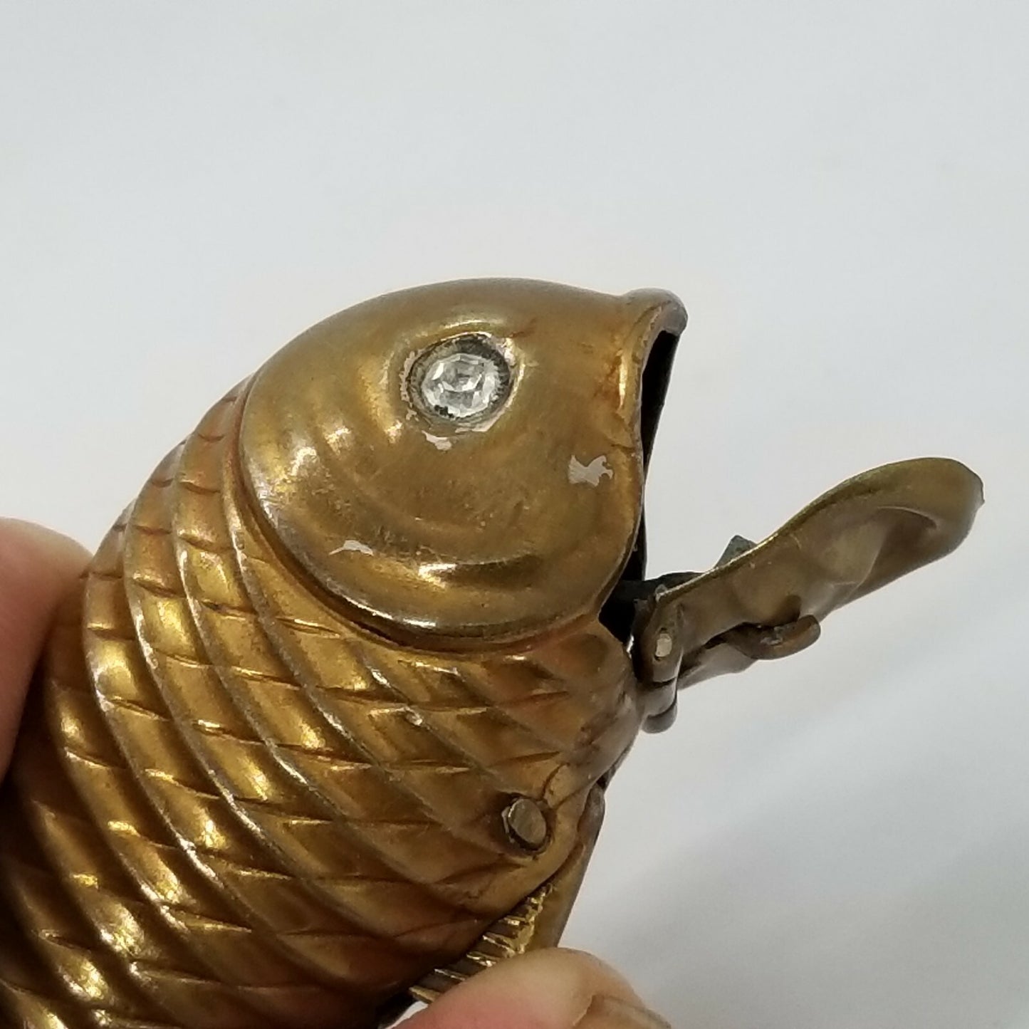 Antique Brass Figural Fish Match Safe Vesta Case Glass Eyes Mechanical
