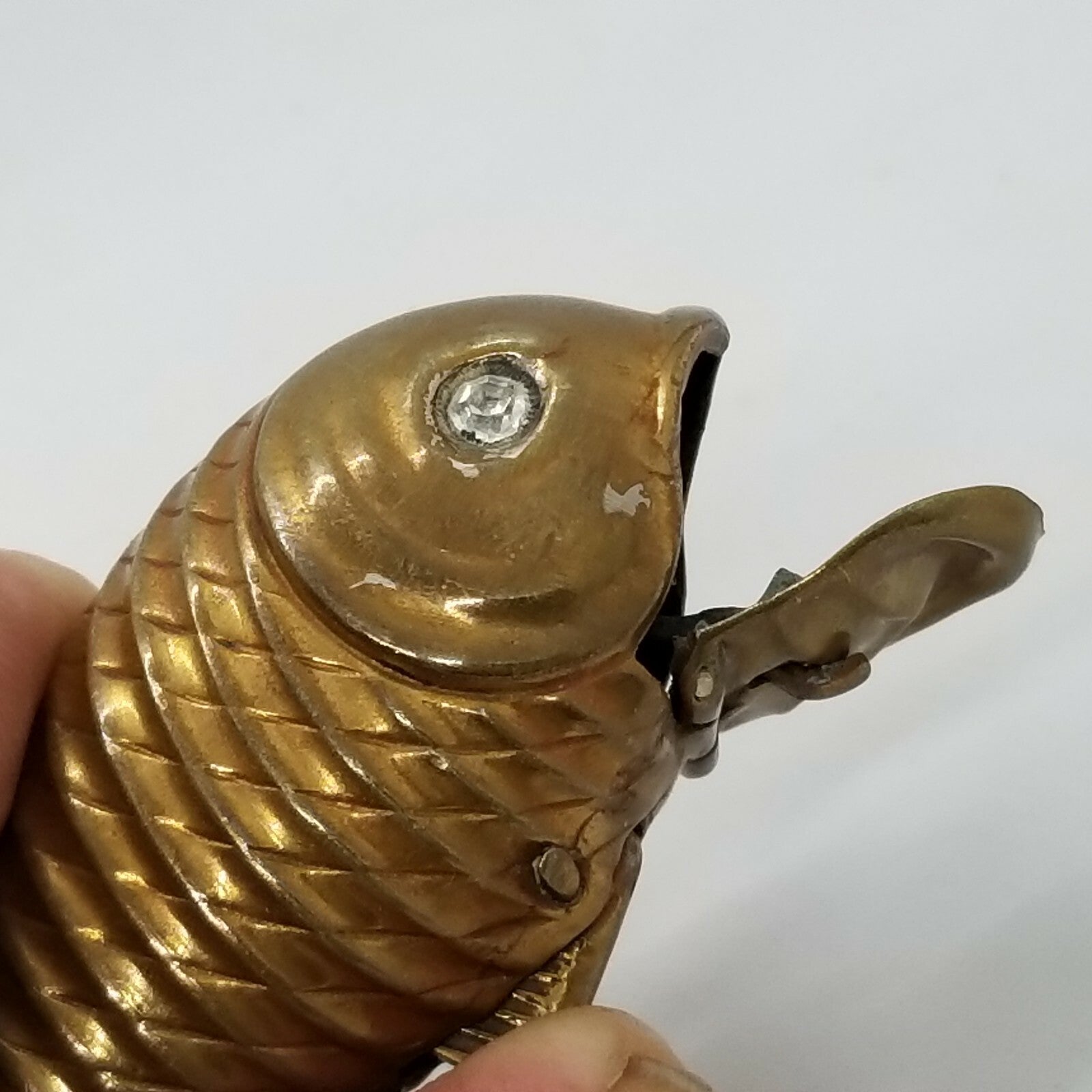 Antique Brass Figural Fish Match Safe Vesta Case Glass Eyes Mechanical