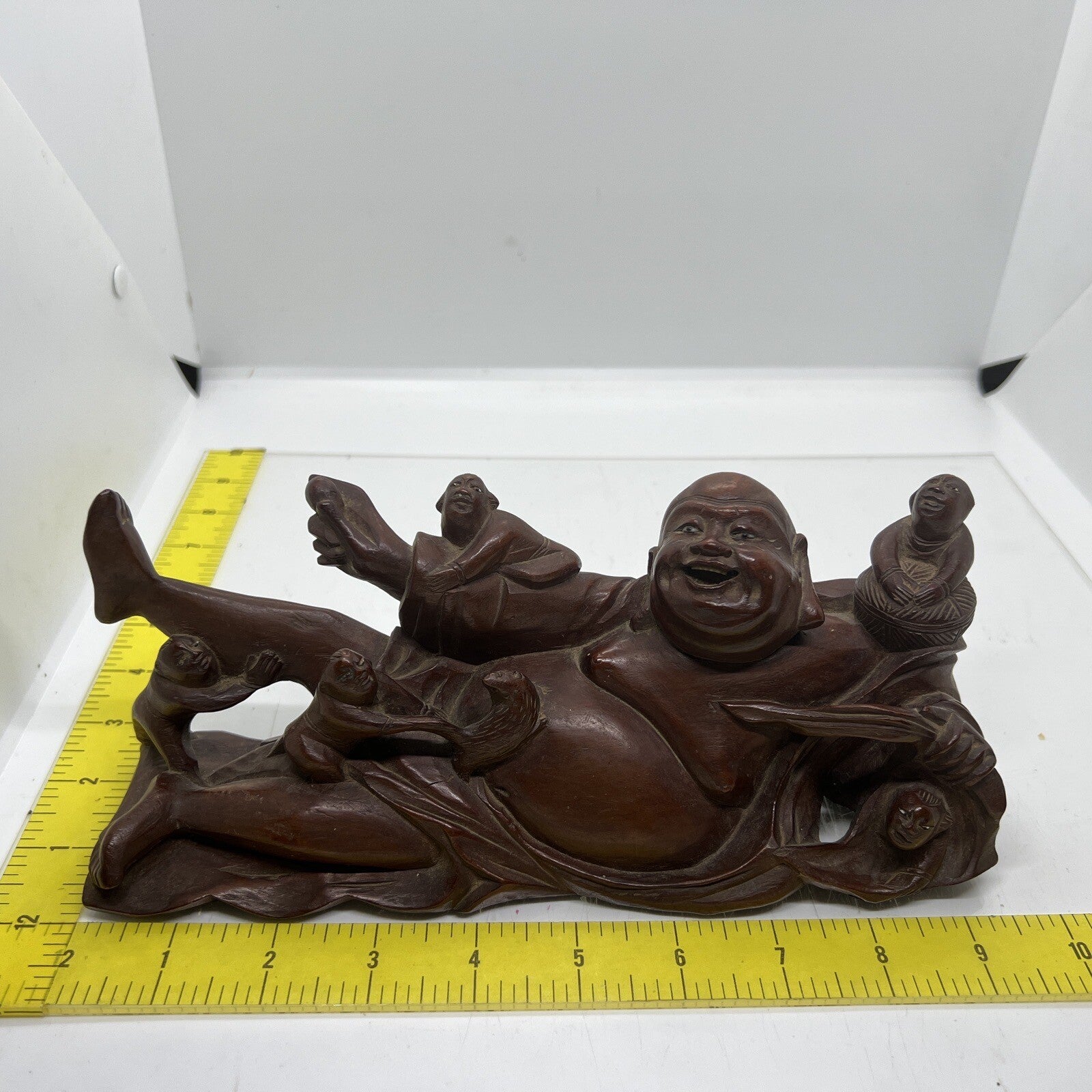 Antique Chinese Carved Boxwood Reclining Hotei Happy Buddha Wood No Base