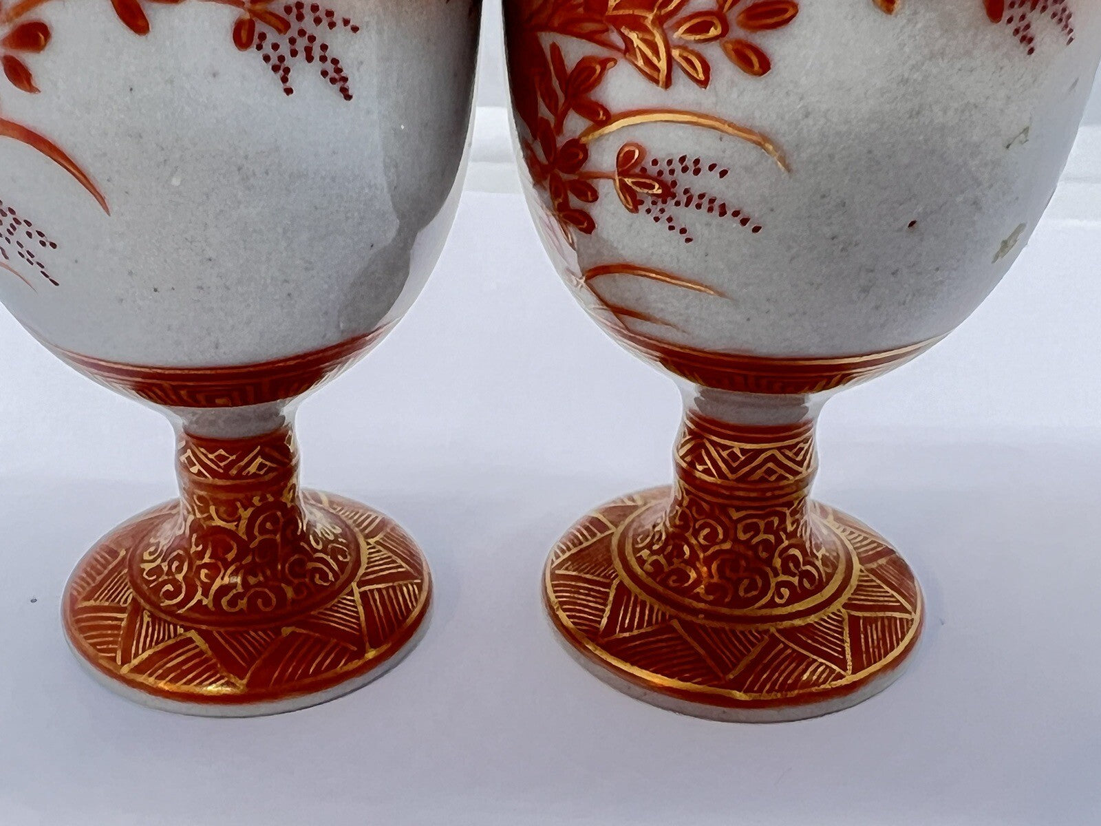 2 Antique Japanese Kutani Porcelain Footed Sake Cup Meiji Signed