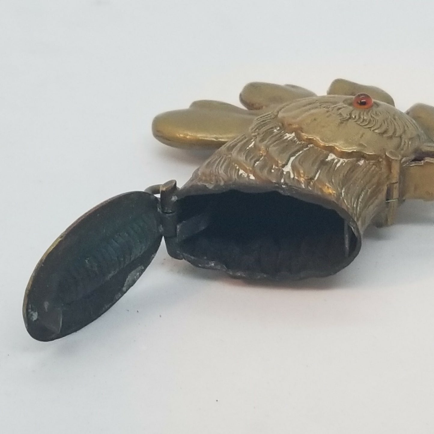 Antique Brass Pop Open Rooster Head Match Safe Vesta Case Box Original Glas Eyes