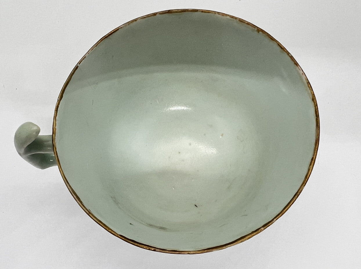 19C Chinese Celadon Famille Rose Pheasant Fruit Flower Butterfly ￼Tea Cup Canton