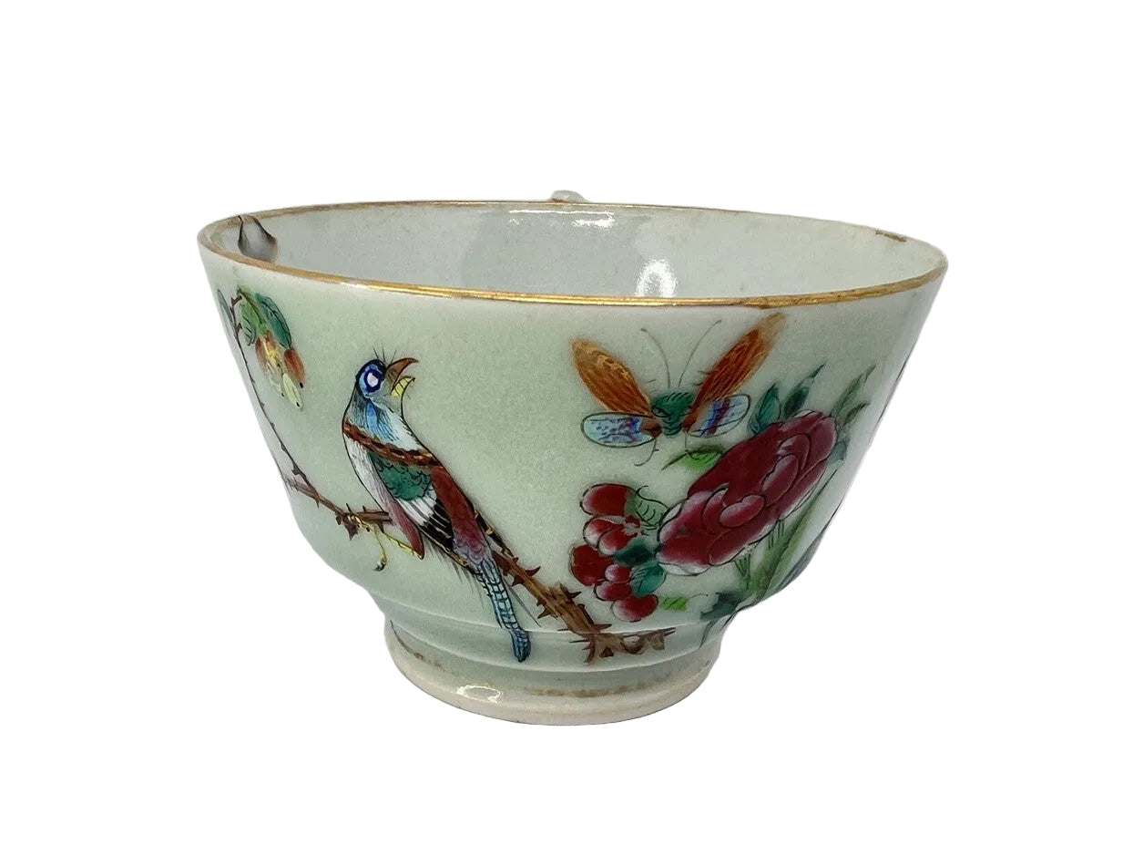 19C Lg Chinese Celadon Famille Rose Bird Fruit Flower Butterfly ￼Tea Cup Canton
