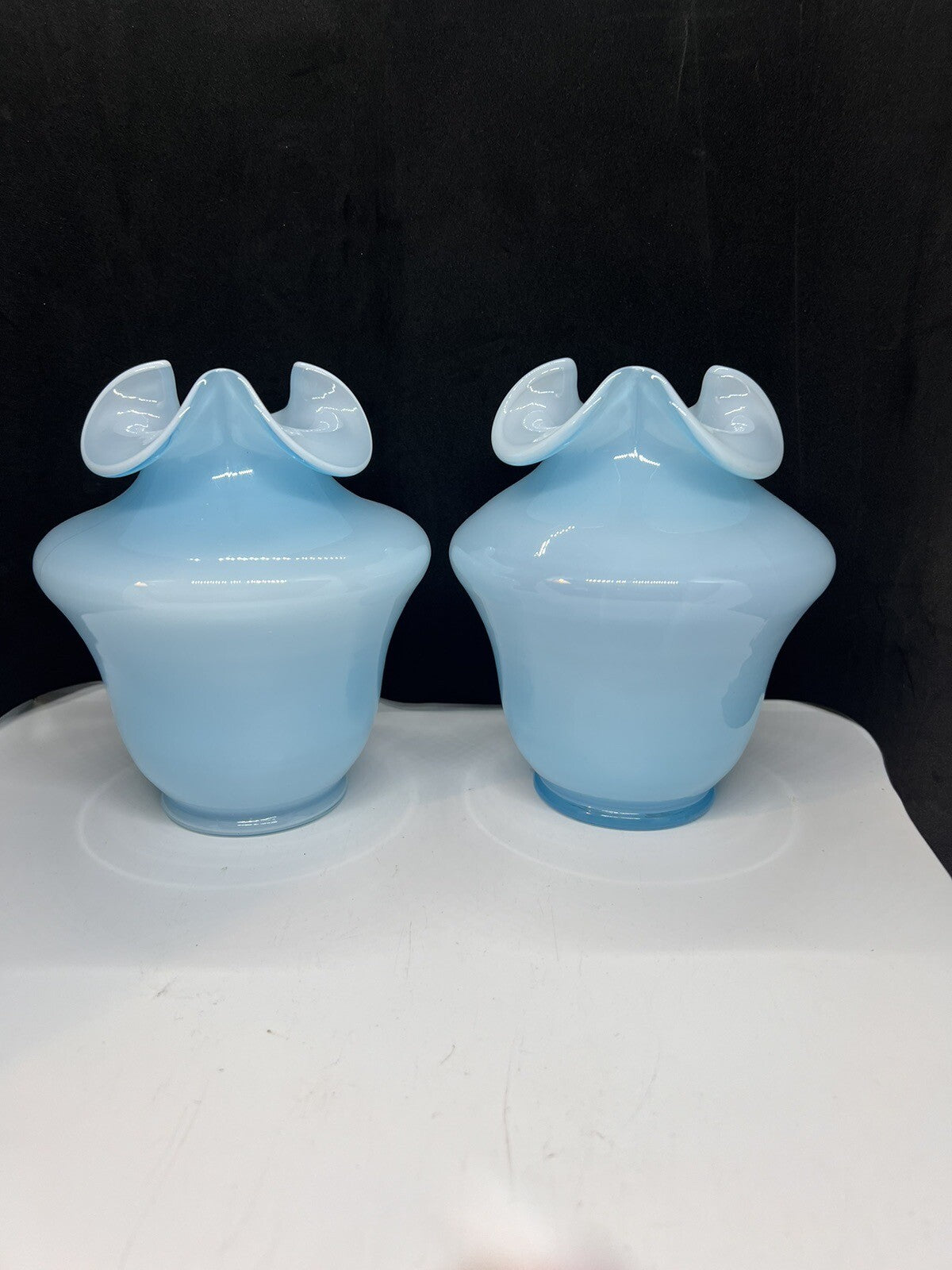 2 - 1940’s Fenton Blue Overlay Tri-Crimp Vases Great Mantle /Centerpiece Vases