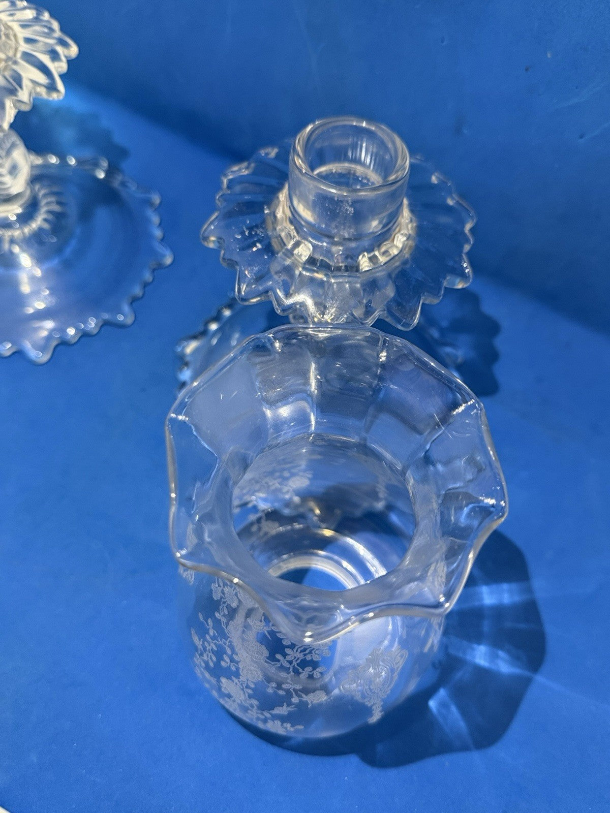 2 Cambridge Etched Glass Rose Point Base #1617 Hurricane Lamp Candle Holders