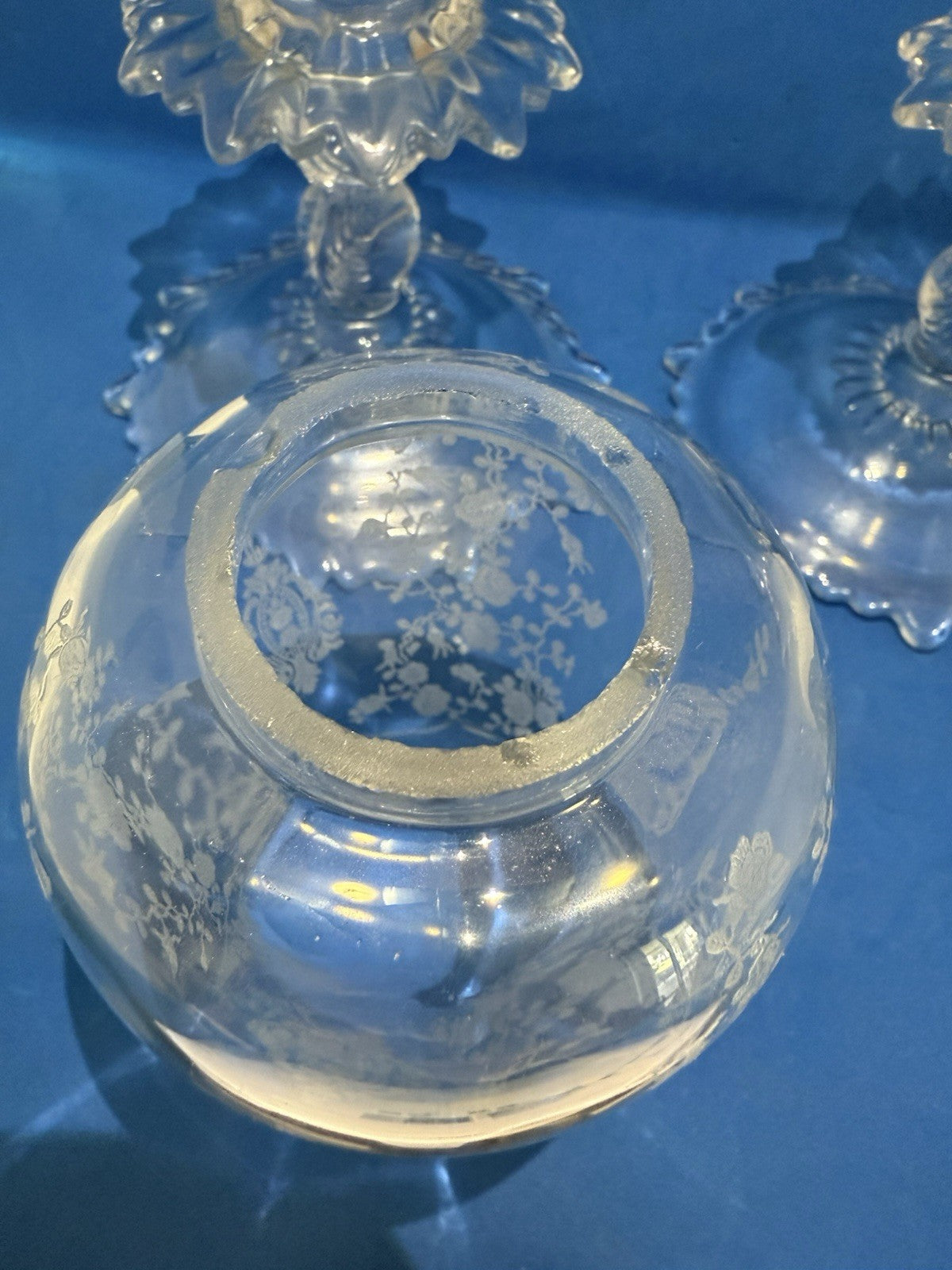2 Cambridge Etched Glass Rose Point Base #1617 Hurricane Lamp Candle Holders
