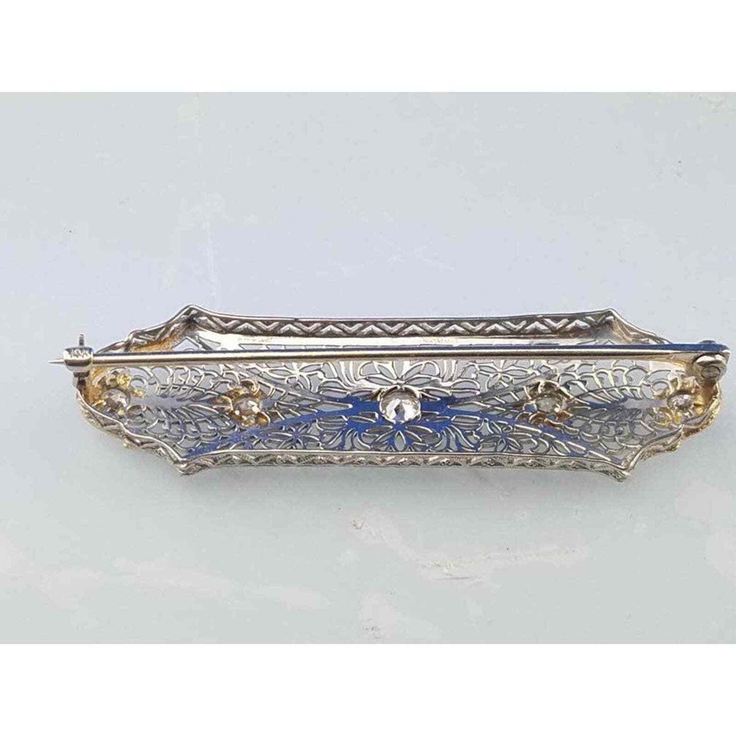Antique Art Deco Diamond 14k Solid Gold & Platinum Filigree Bar Brooch Pin 4.5g