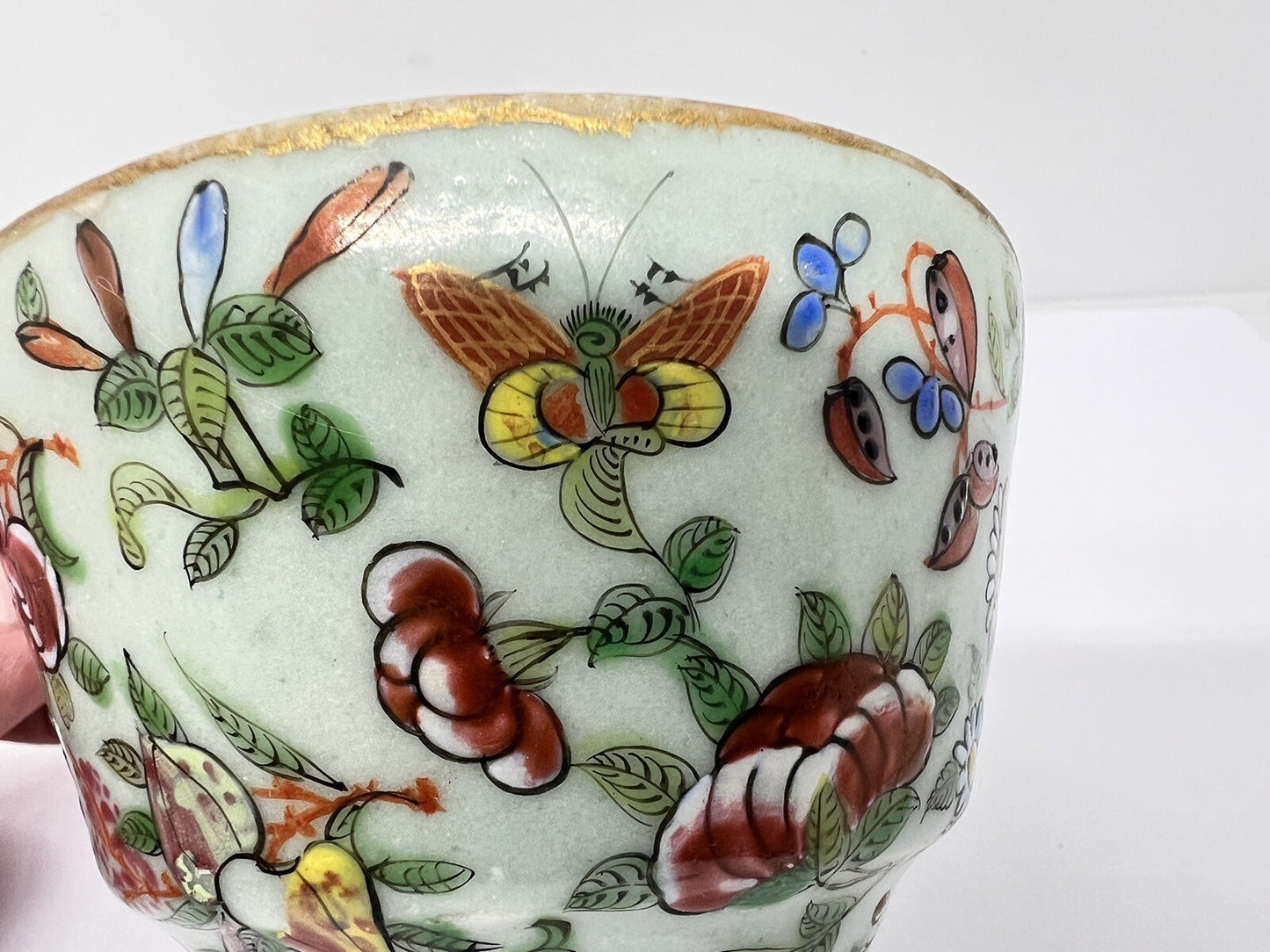 19C Chinese Celadon Famille Rose Pheasant Fruit Flower Butterfly ￼Tea Cup Canton