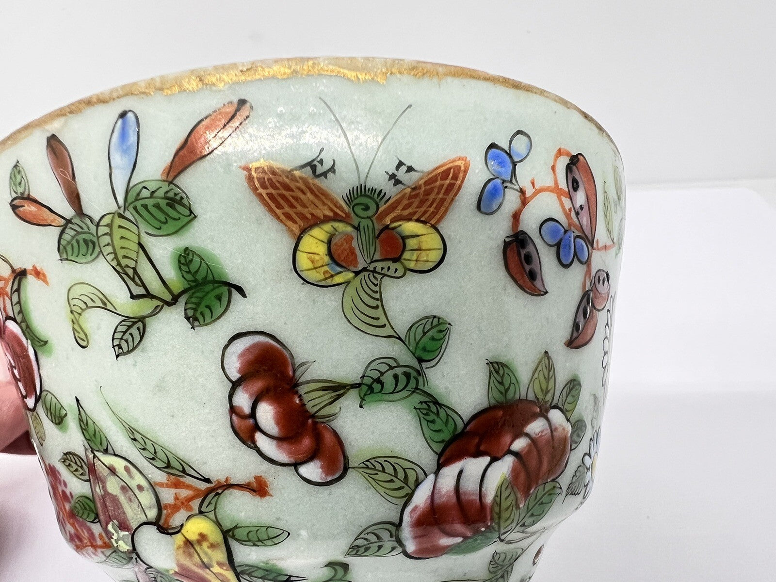 19C Chinese Celadon Famille Rose Pheasant Fruit Flower Butterfly ￼Tea Cup Canton