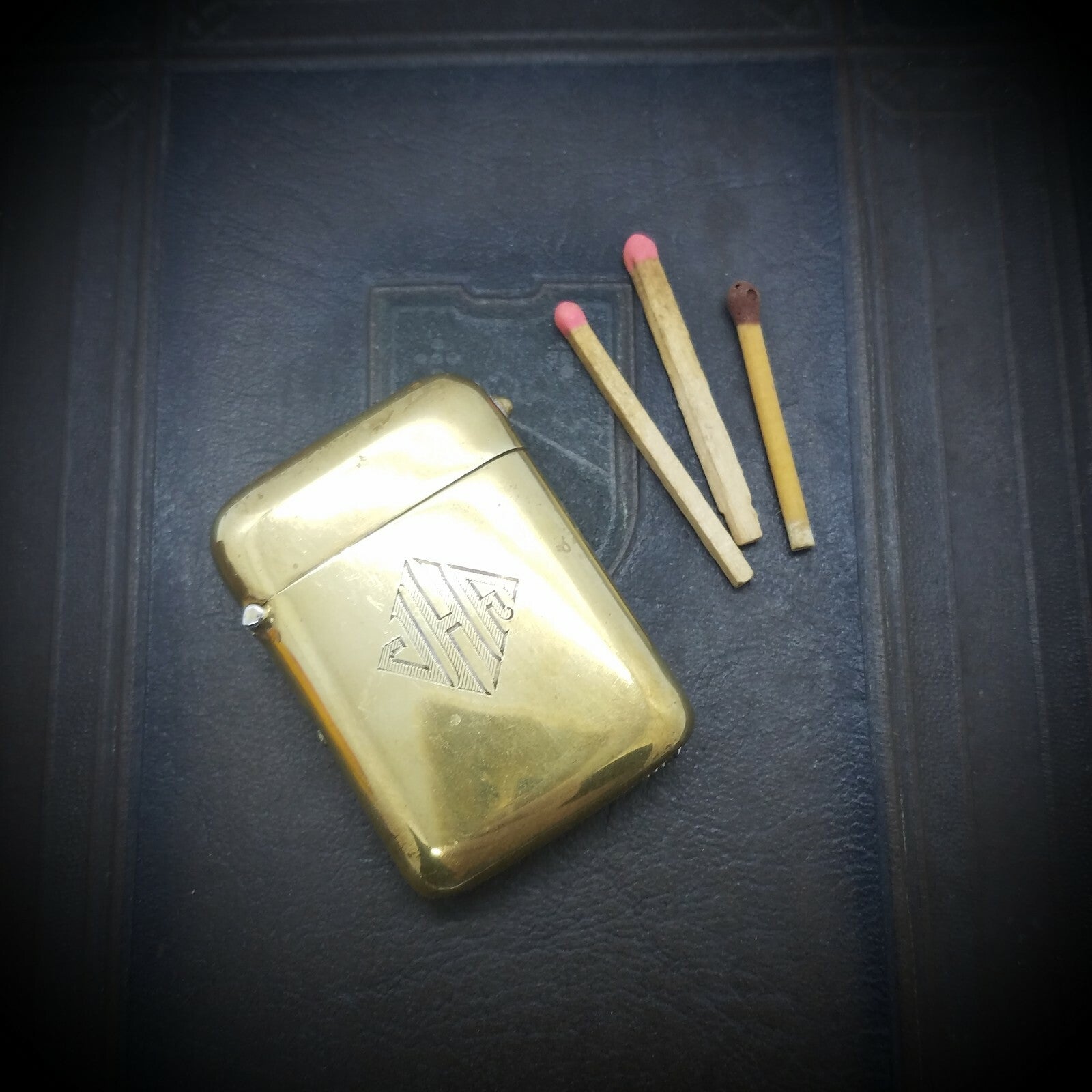 Antique Art Deco Brass Match Safe Vesta Case Box