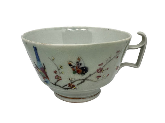19C Lg Chinese Celadon Famille Rose Cherry Blossom Brd Butterfly ￼Tea Cup Canton