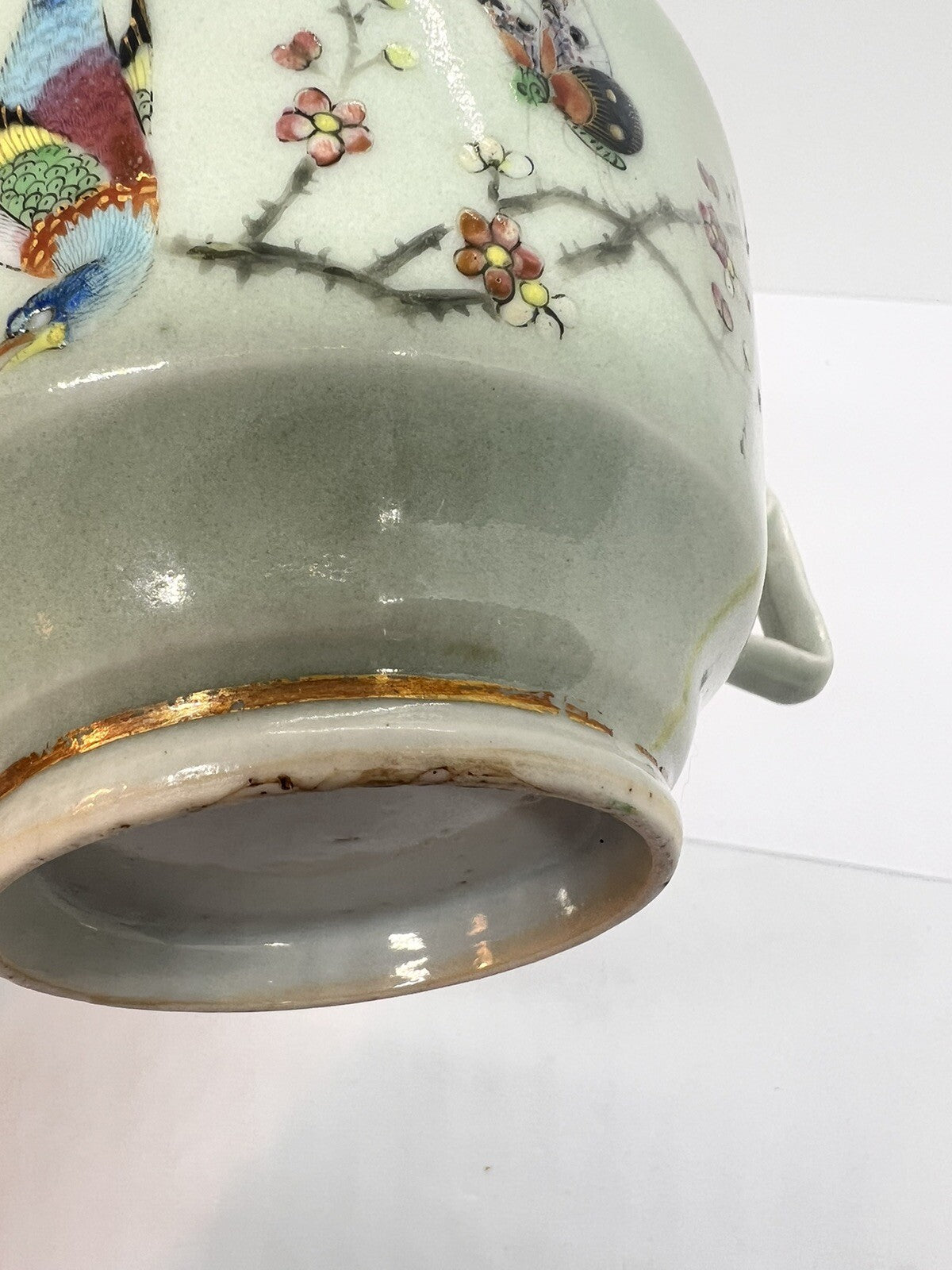 19C Lg Chinese Celadon Famille Rose Cherry Blossom Brd Butterfly ￼Tea Cup Canton