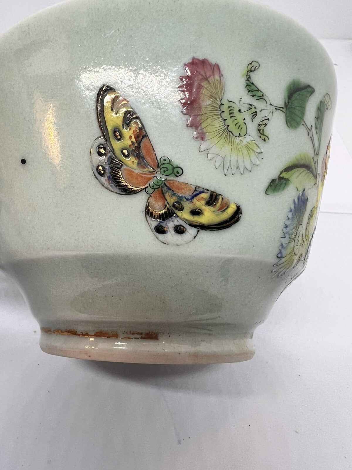 19C Lg Chinese Celadon Famille Rose Cherry Blossom Brd Butterfly ￼Tea Cup Canton
