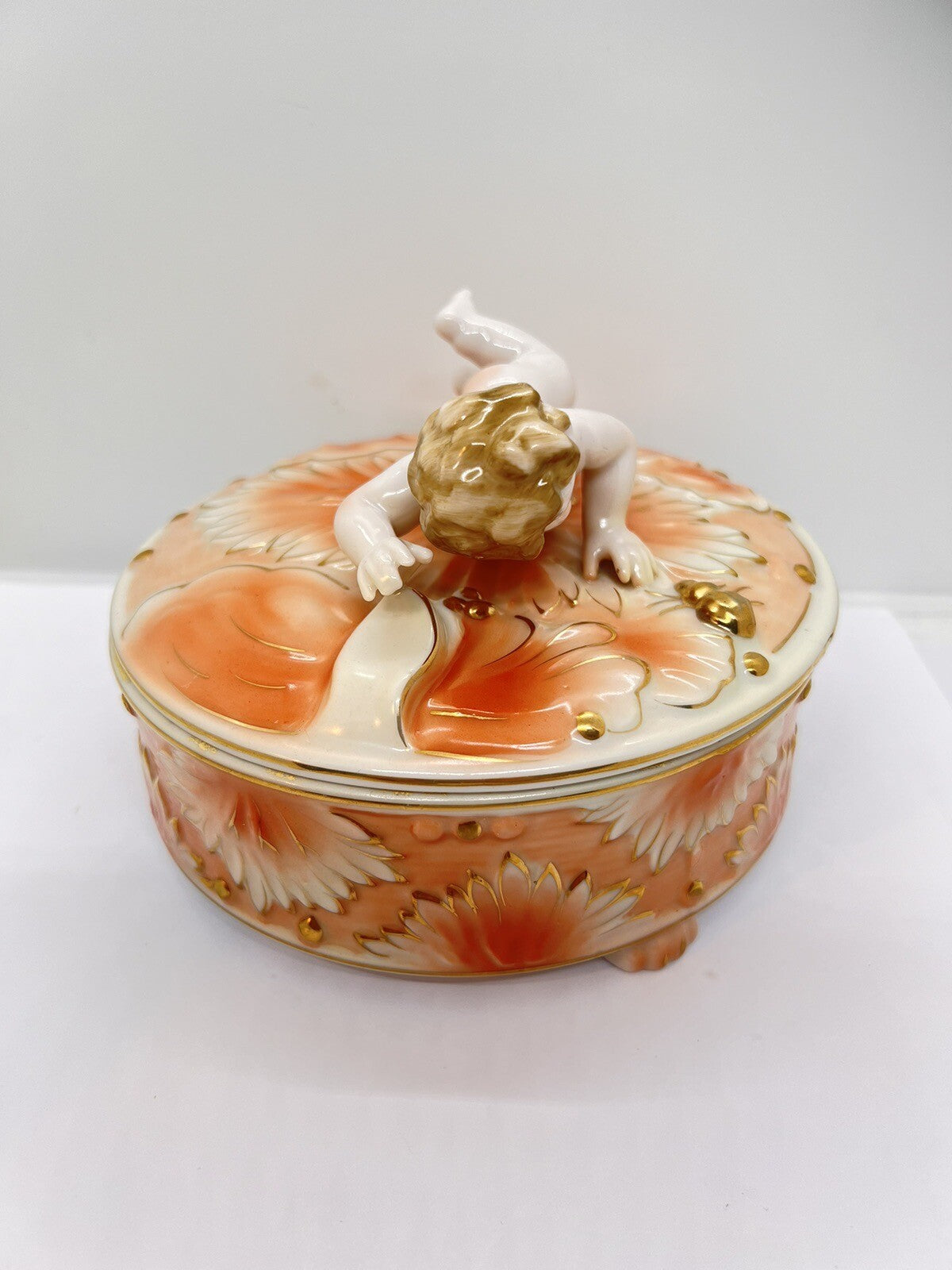 Antique Cherub Lg 6” Peach Gold Encrusted Jewelry Casket Powder Vanity Candy Box