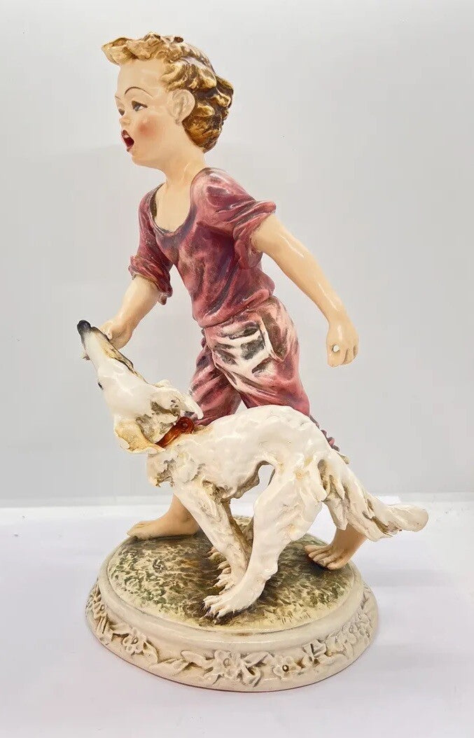 1950’s Borzoi & Boy Signed C. Mollica 10" Capodimonte Dog Figurine Italy