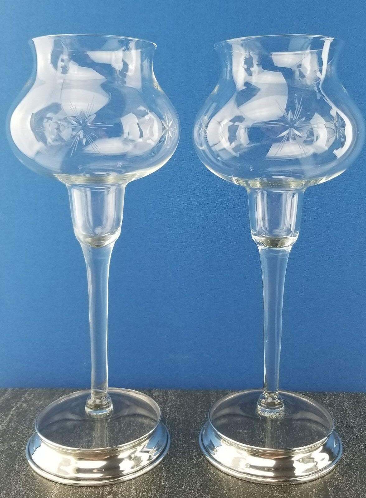 10" Pair Vintage Wallace Bulbous Cut Crystal Sterling Silver Candle Holders