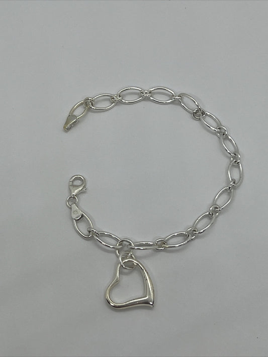 925 Italy Sterling Silver Open Heart Link Charm Solid Chain Bracelet Love