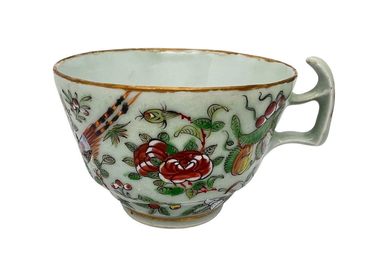 19C Chinese Celadon Famille Rose Pheasant Fruit Flower Butterfly ￼Tea Cup Canton