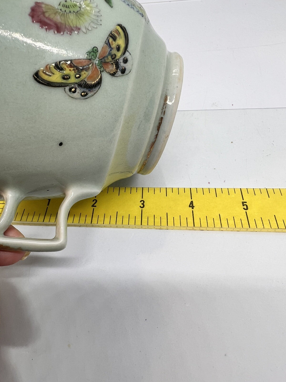 19C Lg Chinese Celadon Famille Rose Cherry Blossom Brd Butterfly ￼Tea Cup Canton