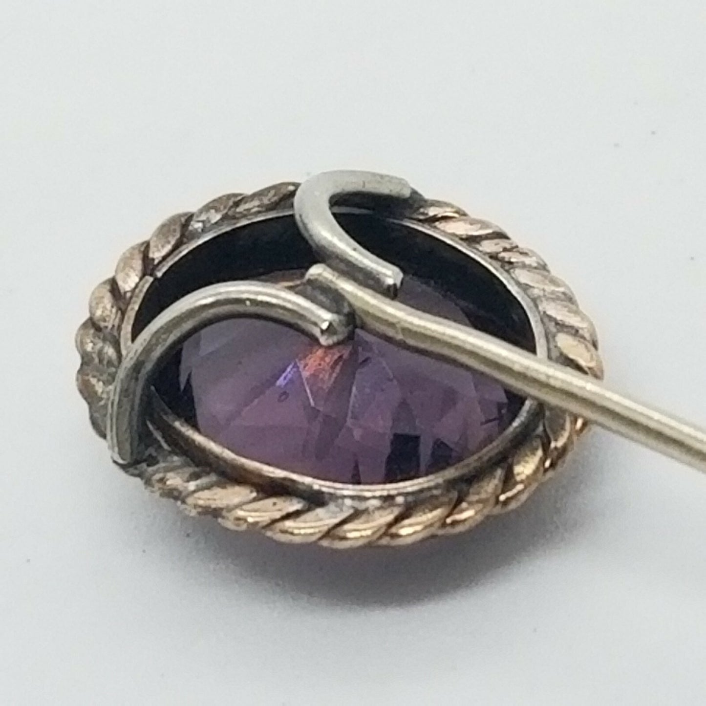 ANTIQUE Victorian 10K White Gold Bezel Set Large Amethyst Stick Hat Pin Vintage