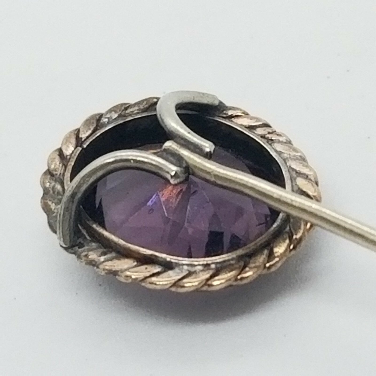 ANTIQUE Victorian 10K White Gold Bezel Set Large Amethyst Stick Hat Pin Vintage