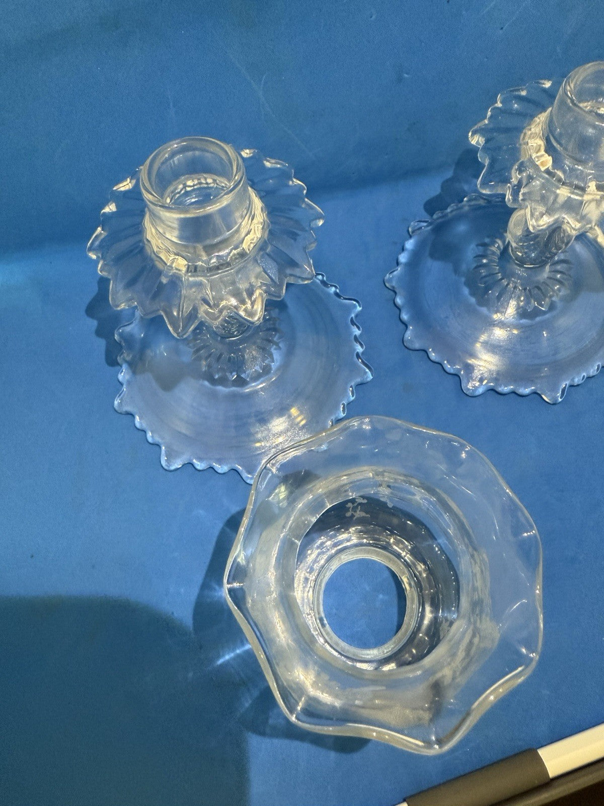 2 Cambridge Etched Glass Rose Point Base #1617 Hurricane Lamp Candle Holders