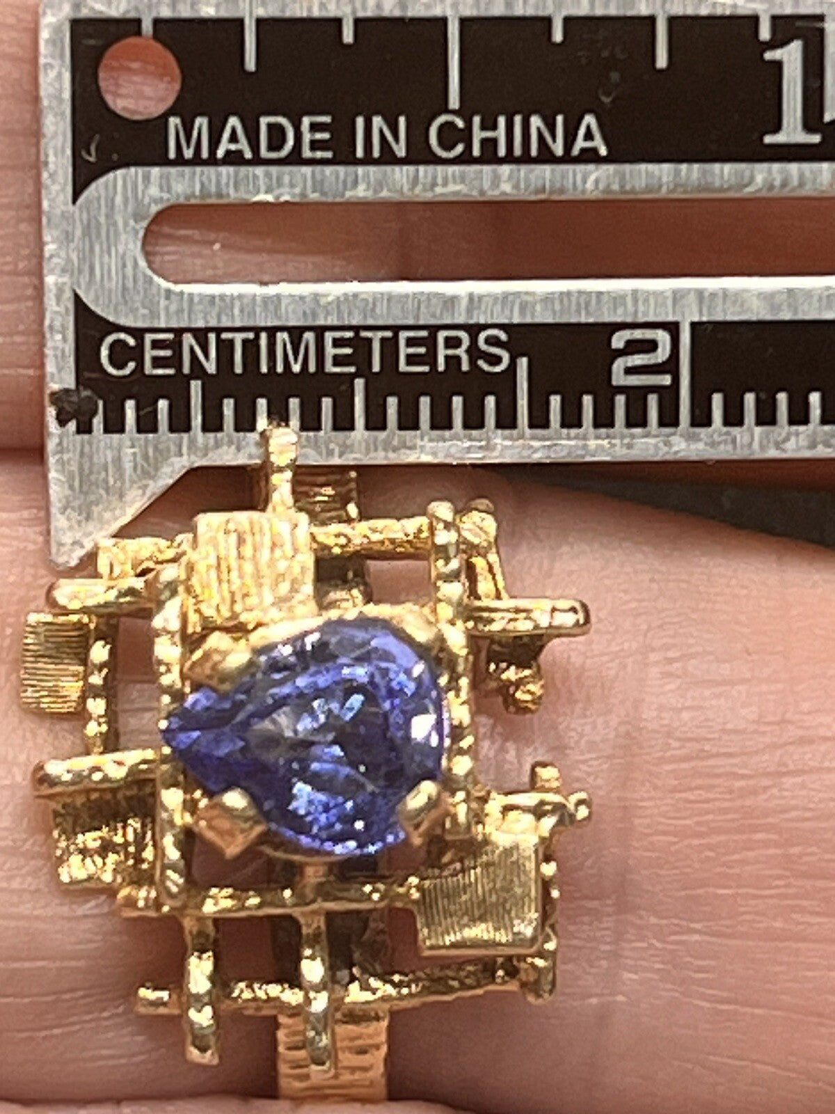 1980s Estate Tanzanite 14K Gold Geometric Cocktail Ring 6.7g Signed SJ