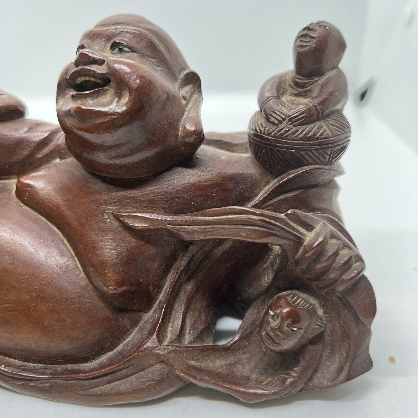 Antique Chinese Carved Boxwood Reclining Hotei Happy Buddha Wood No Base