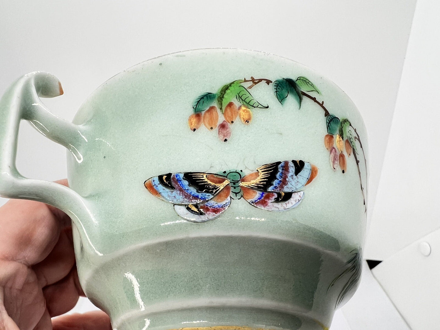 19C Lg Chinese Celadon Famille Rose Bird Fruit Flower Butterfly ￼Tea Cup Canton