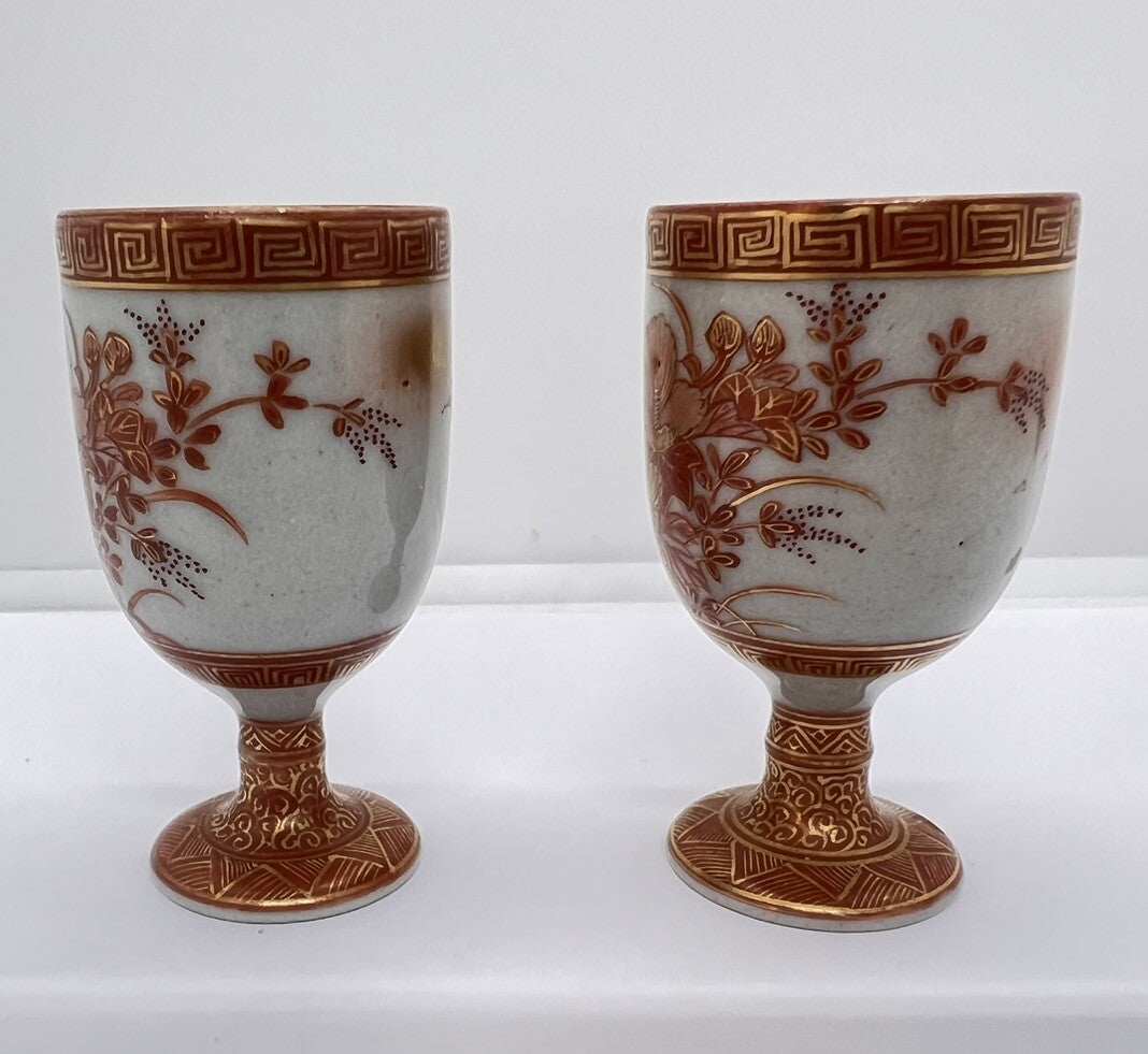 2 Antique Japanese Kutani Porcelain Footed Sake Cup Meiji Signed