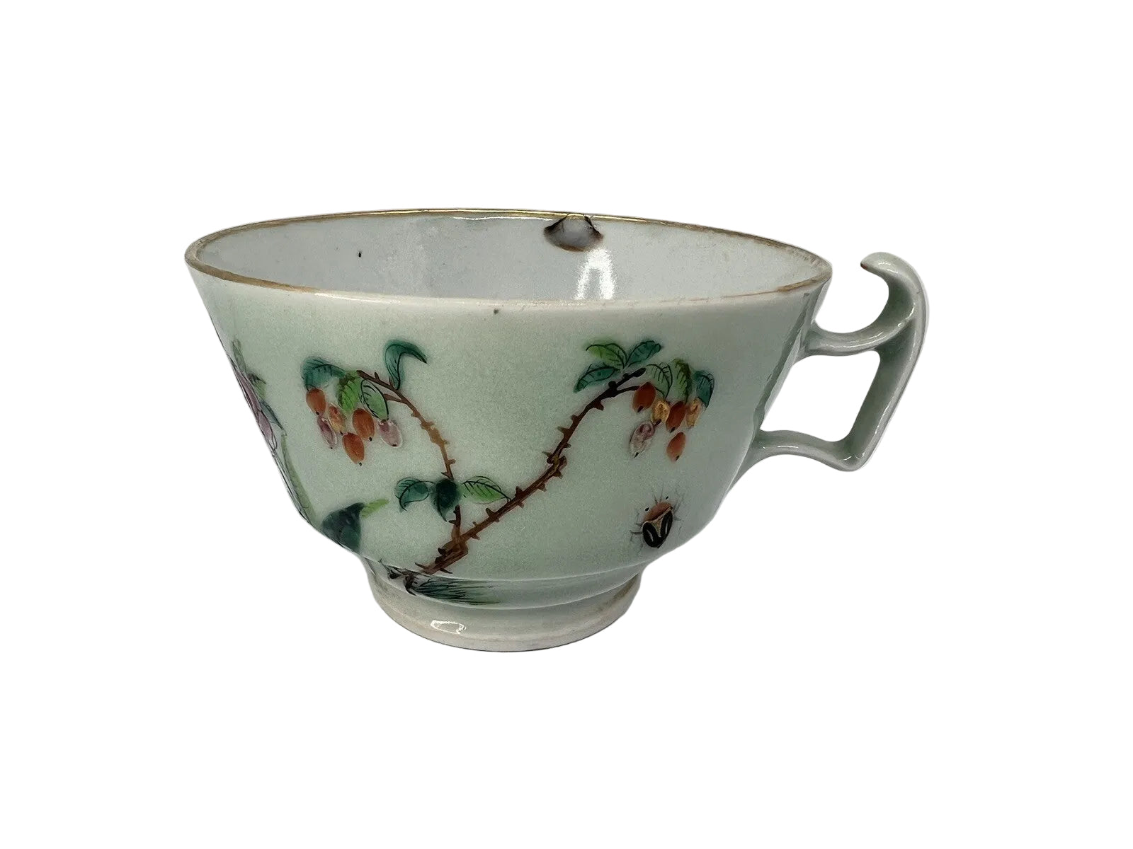 19C Lg Chinese Celadon Famille Rose Bird Fruit Flower Butterfly ￼Tea Cup Canton
